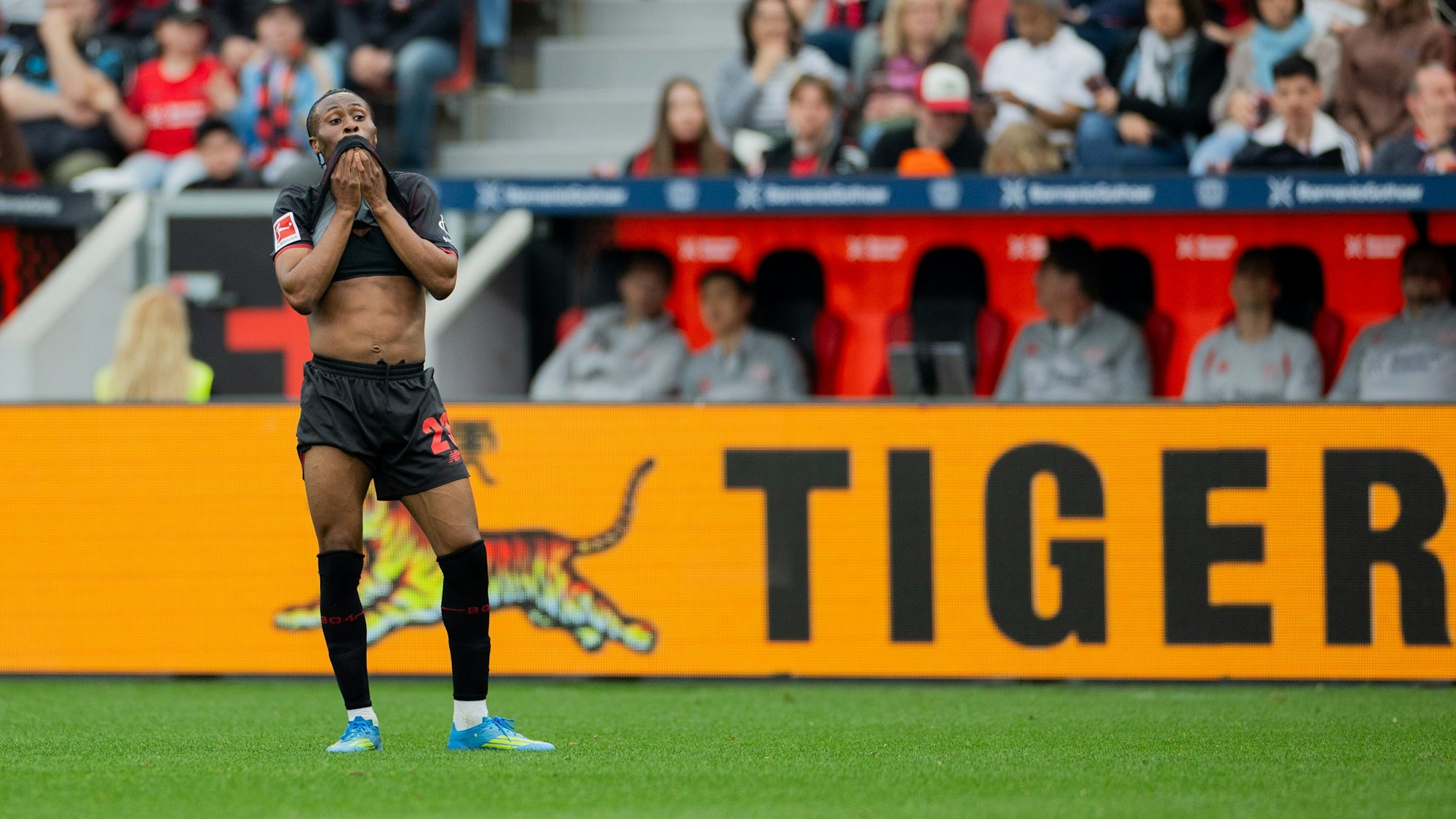 18.04.2026, Nordrhein-Westfalen, Leverkusen: Fußball, Männer: Bundesliga, Bayer Leverkusen - FC Augsburg, 30. Spieltag, BayArena: Nathan Tella (Bayer Leverkusen) ägert sich. Foto: Rolf Vennenbernd/dpa - WICHTIGER HINWEIS: Gemäß den Vorgaben der DFL Deutsche Fußball Liga bzw. des DFB Deutscher Fußball-Bund ist es untersagt, in dem Stadion und/oder vom Spiel angefertigte Fotoaufnahmen in Form von Sequenzbildern und/oder videoähnlichen Fotostrecken zu verwerten bzw. verwerten zu lassen. +++ dpa-Bildfunk +++