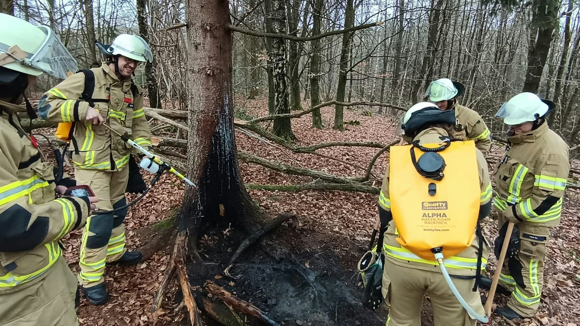 Feuerwehrleute an einer Brandstelle im Wald.