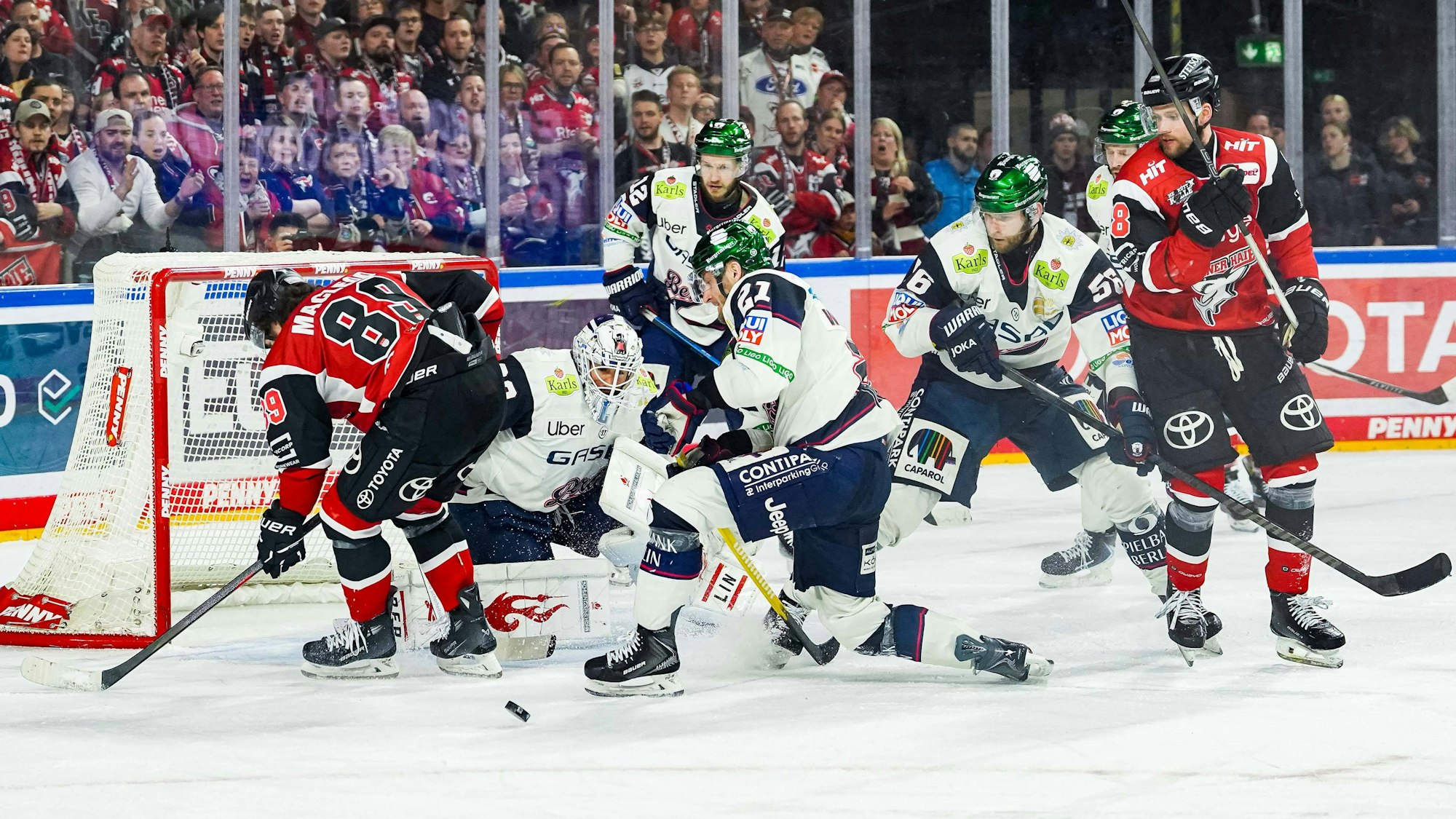Spielszene im Duell der Kölner Haie gegen die Eisbären Berlin.