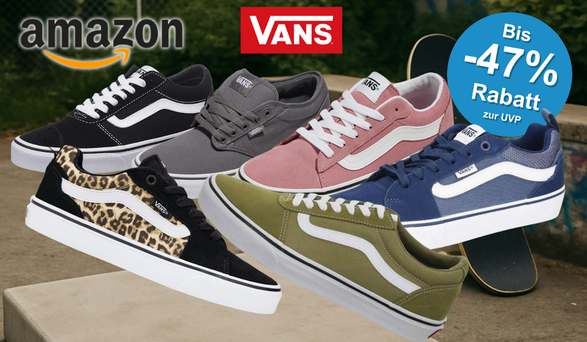 Vans Filmore und Doheny Sneaker vor Hintergrund mit Silhouette eines Skateboarders und Amazon Logo.