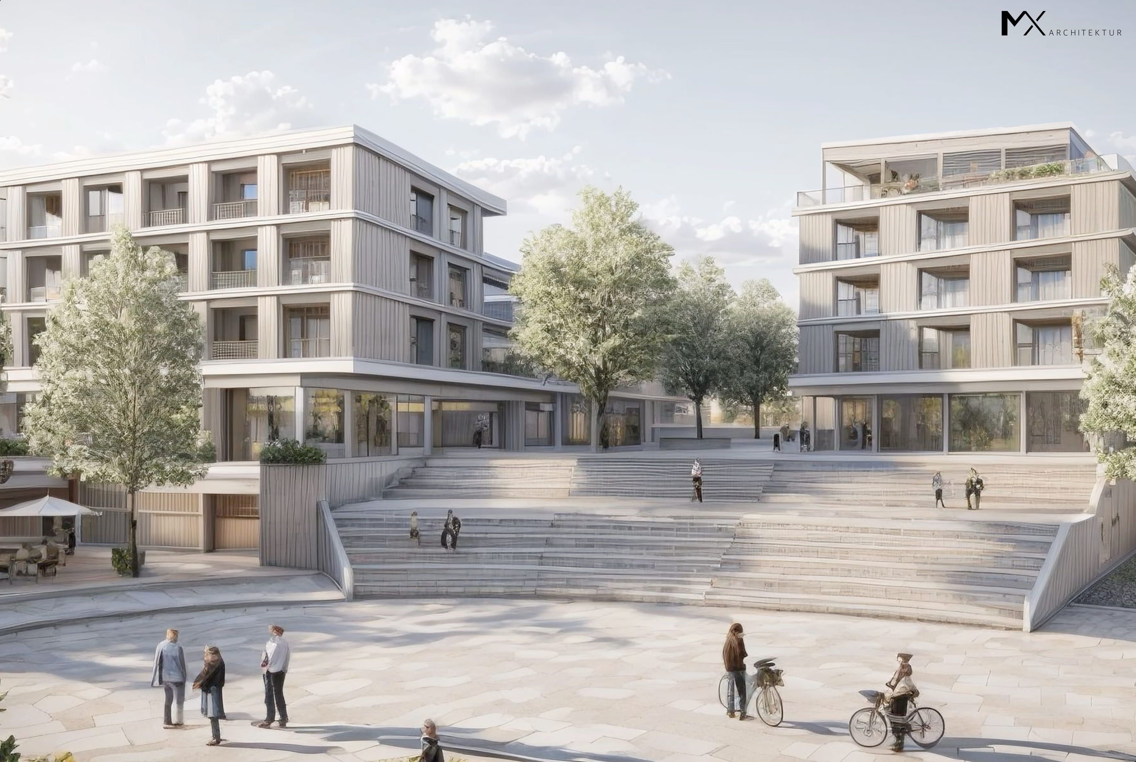 So sieht die neue Bebauung auf dem Merkur-Gelände in Waldbröl aus, blickt man vom neuen Eventplatz aus in Richtung der Kaiserstraße.