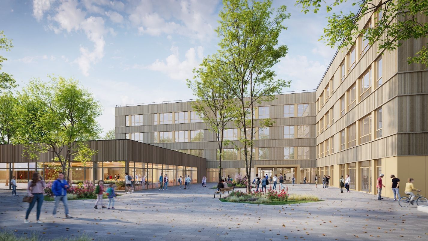 Auf dem Bild ist eine Visualisierung eines neuen Schulgebäudes zu sehen.