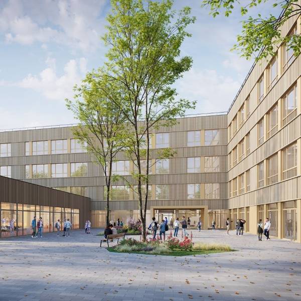 Auf dem Bild ist eine Visualisierung eines neuen Schulgebäudes zu sehen.
