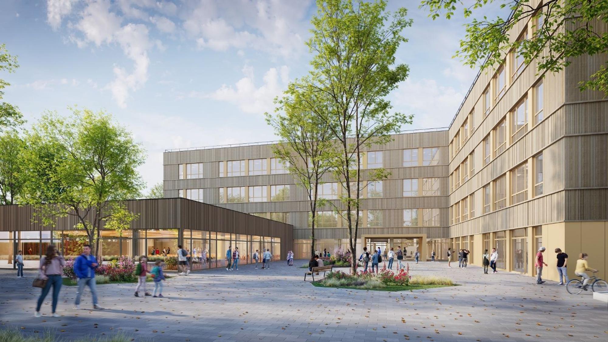 Auf dem Bild ist eine Visualisierung eines neuen Schulgebäudes zu sehen.