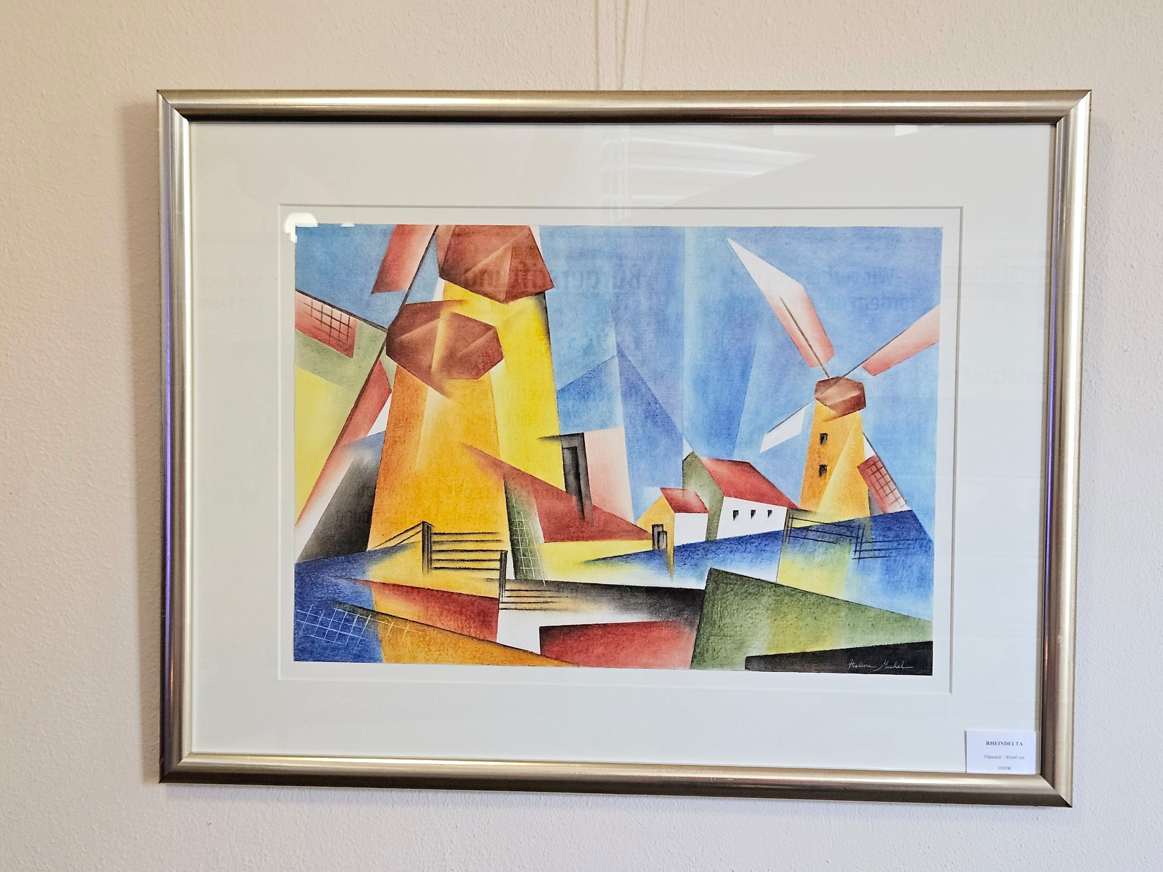 Mehrere Windmühlen und Häuser sind auf dem Bild zu sehen.