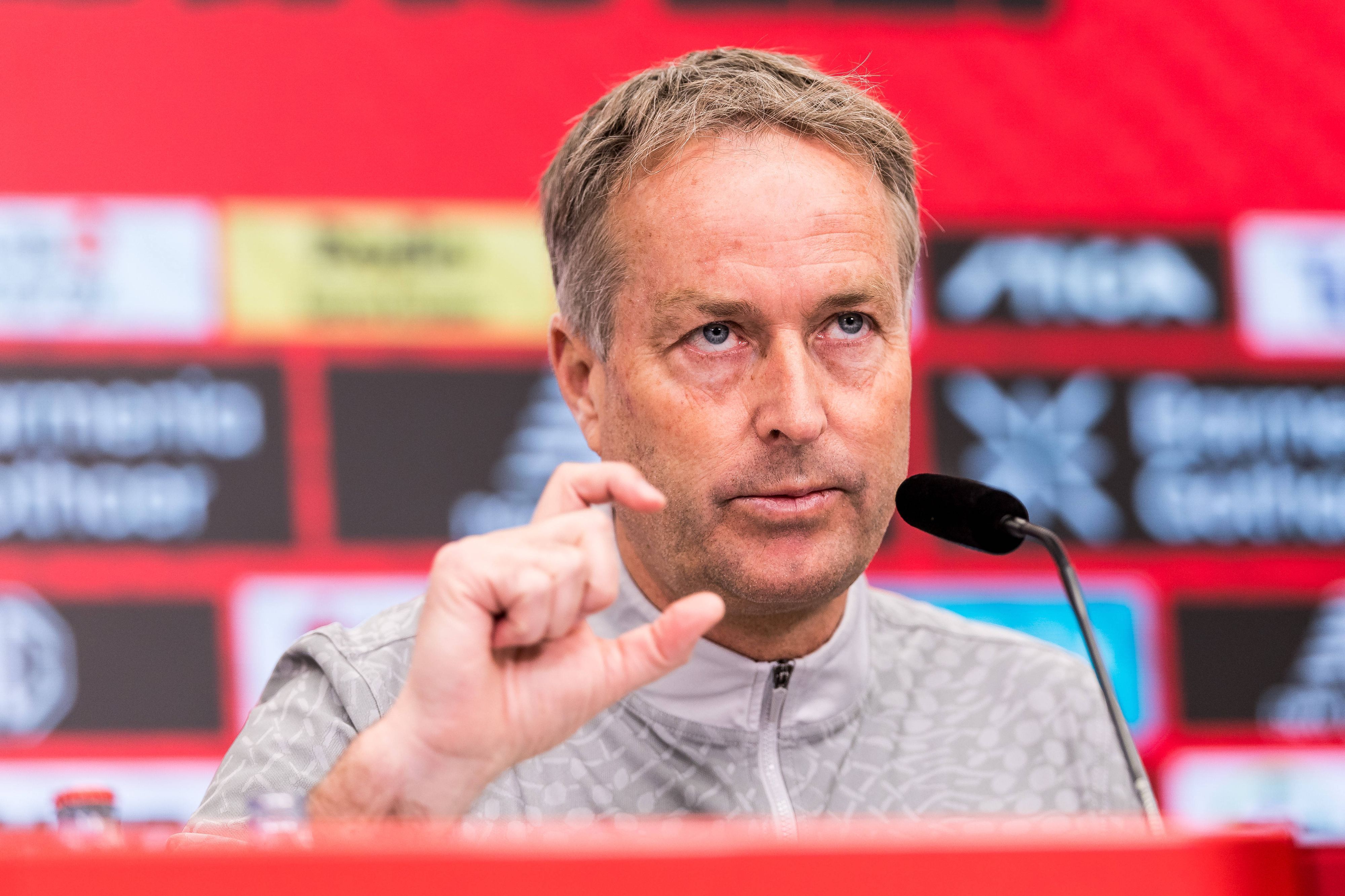 LEVERKUSEN, GERMANY - APRIL 24: Kasper Hjulmand Head coach Bayer 04 Leverkusen during the pre game press conference, PK, Pressekonferenz before the Bundesliga match between Bayer 04 Leverkusen and 1. FC Koeln at BayArena on April 24, 2026 in Leverkusen, Germany. North Rhine Westphalia Germany Copyright: xSteffiexWunderlx