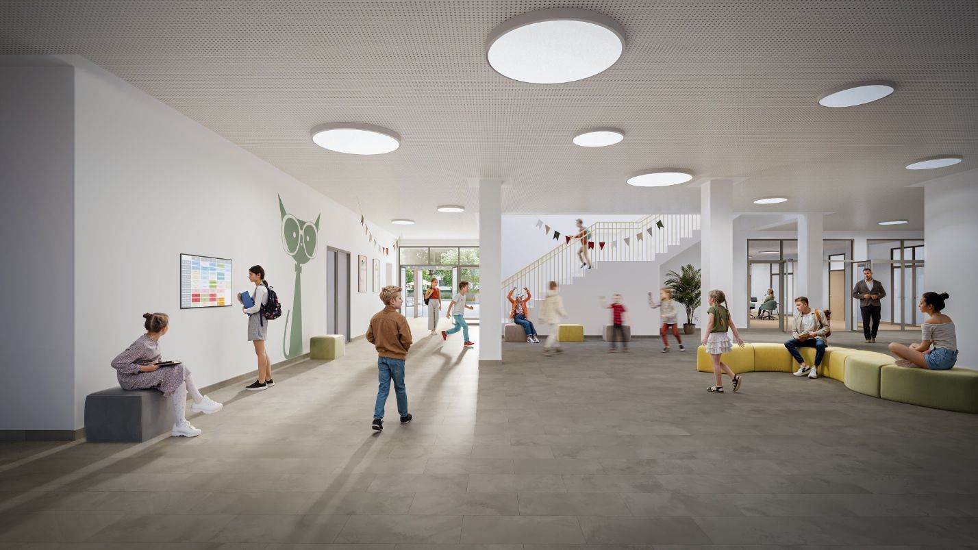 Auf dem Bild ist eine Visualisierung eines neuen Schulgebäudes zu sehen.