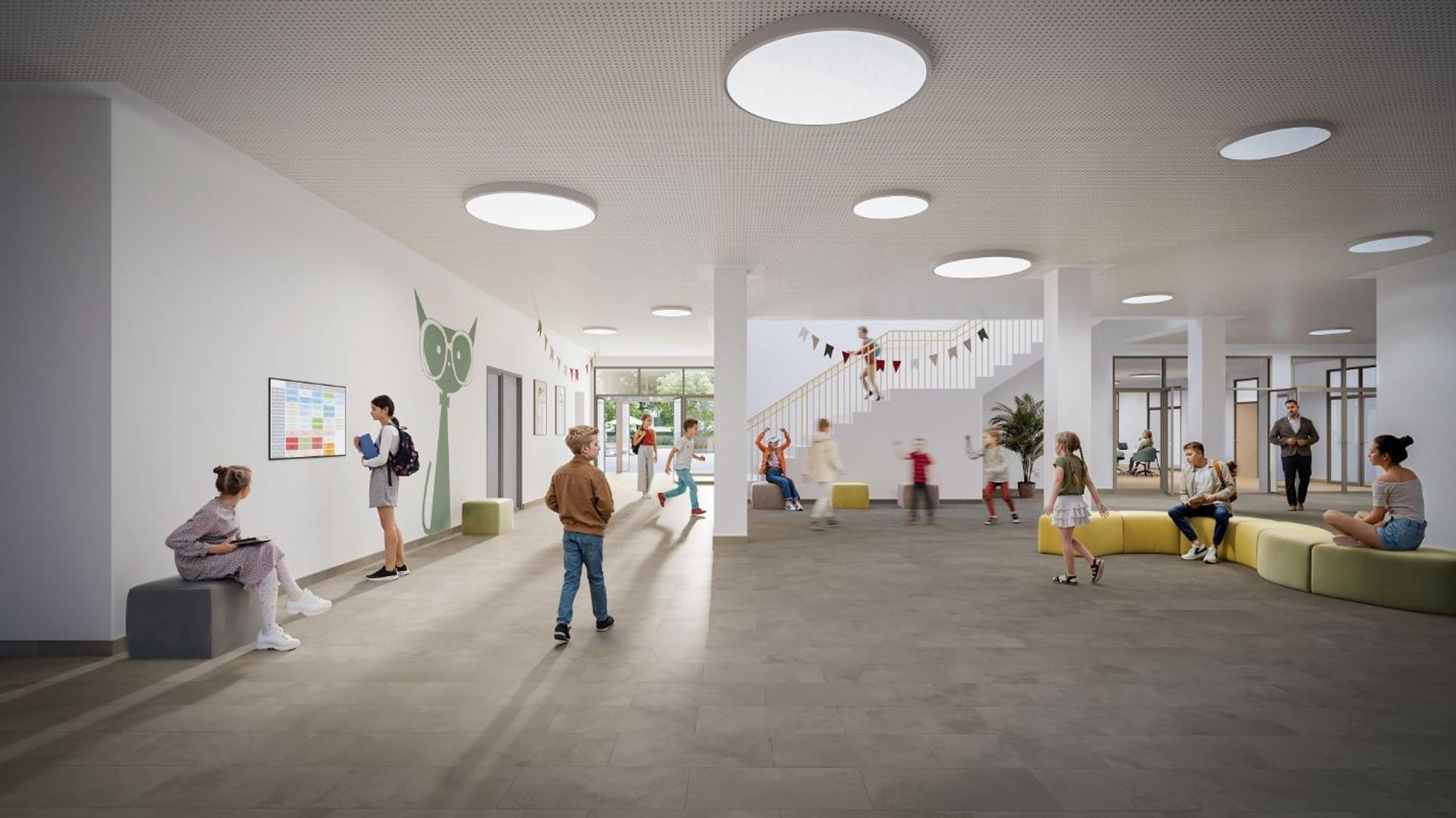 Auf dem Bild ist eine Visualisierung eines neuen Schulgebäudes zu sehen.