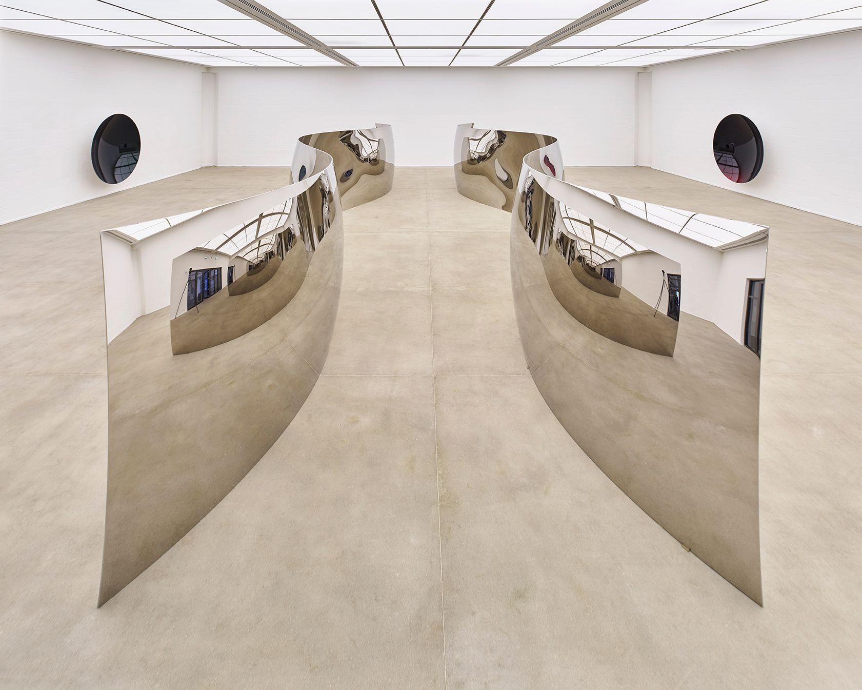 Zwei fließend geschwungene, sich selbst reflektierende Edelstahlschlangen