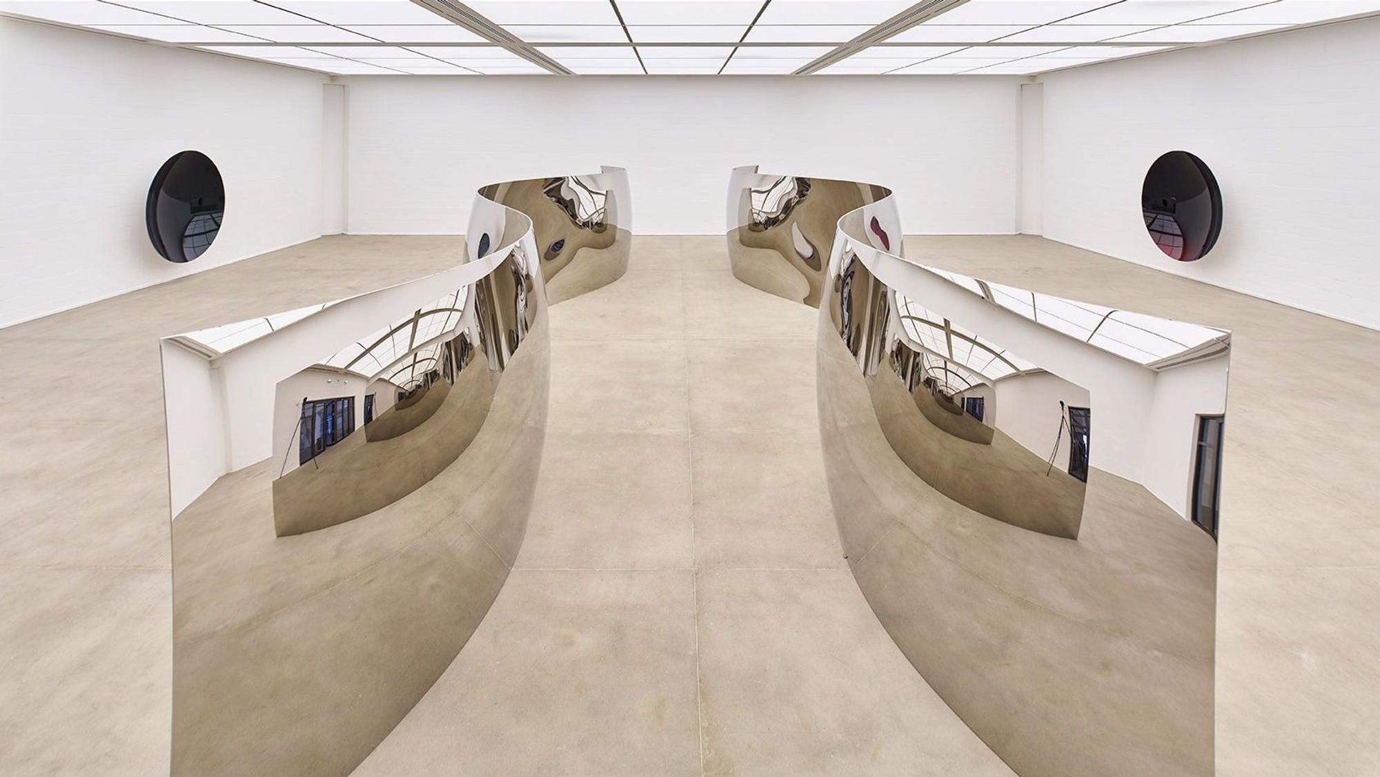 Zwei fließend geschwungene, sich selbst reflektierende Edelstahlschlangen