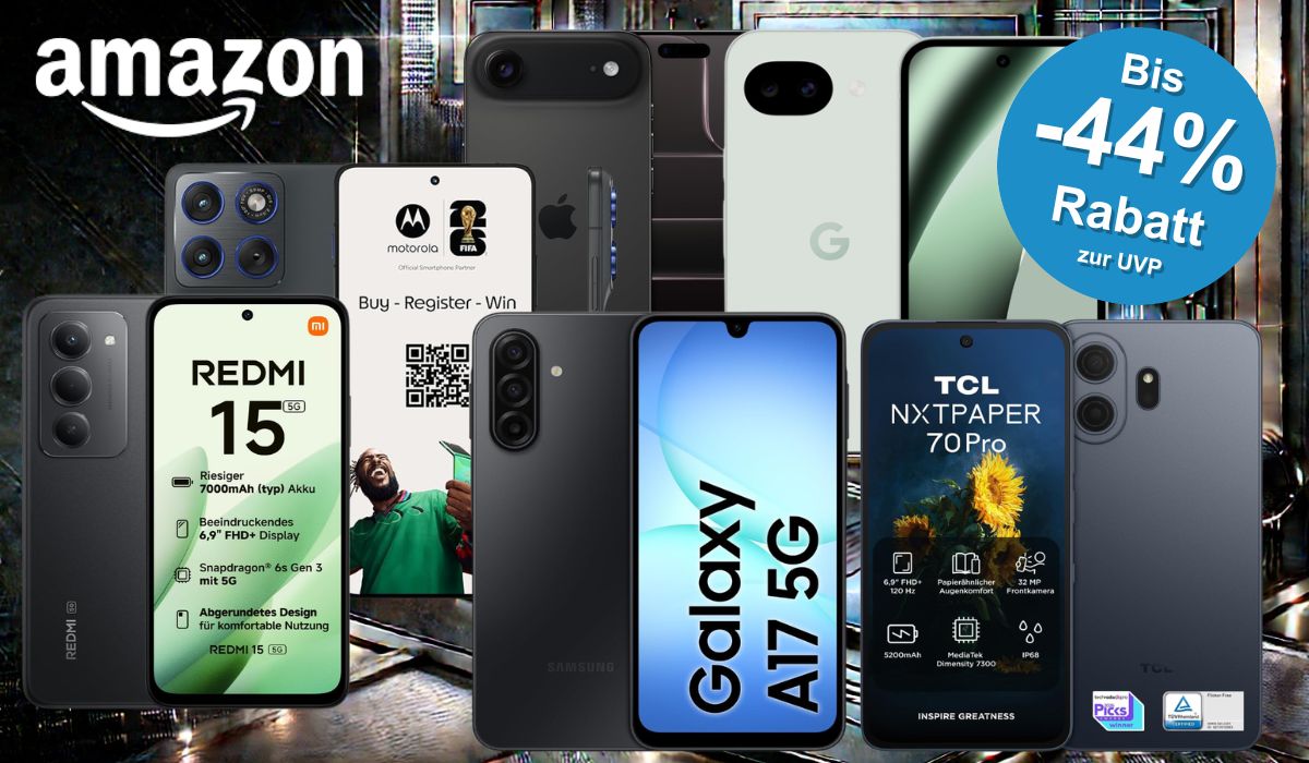 Auf der Collage sind viele Smartphones zu sehen, die sich aktuell bei Amazon im Sale befinden.