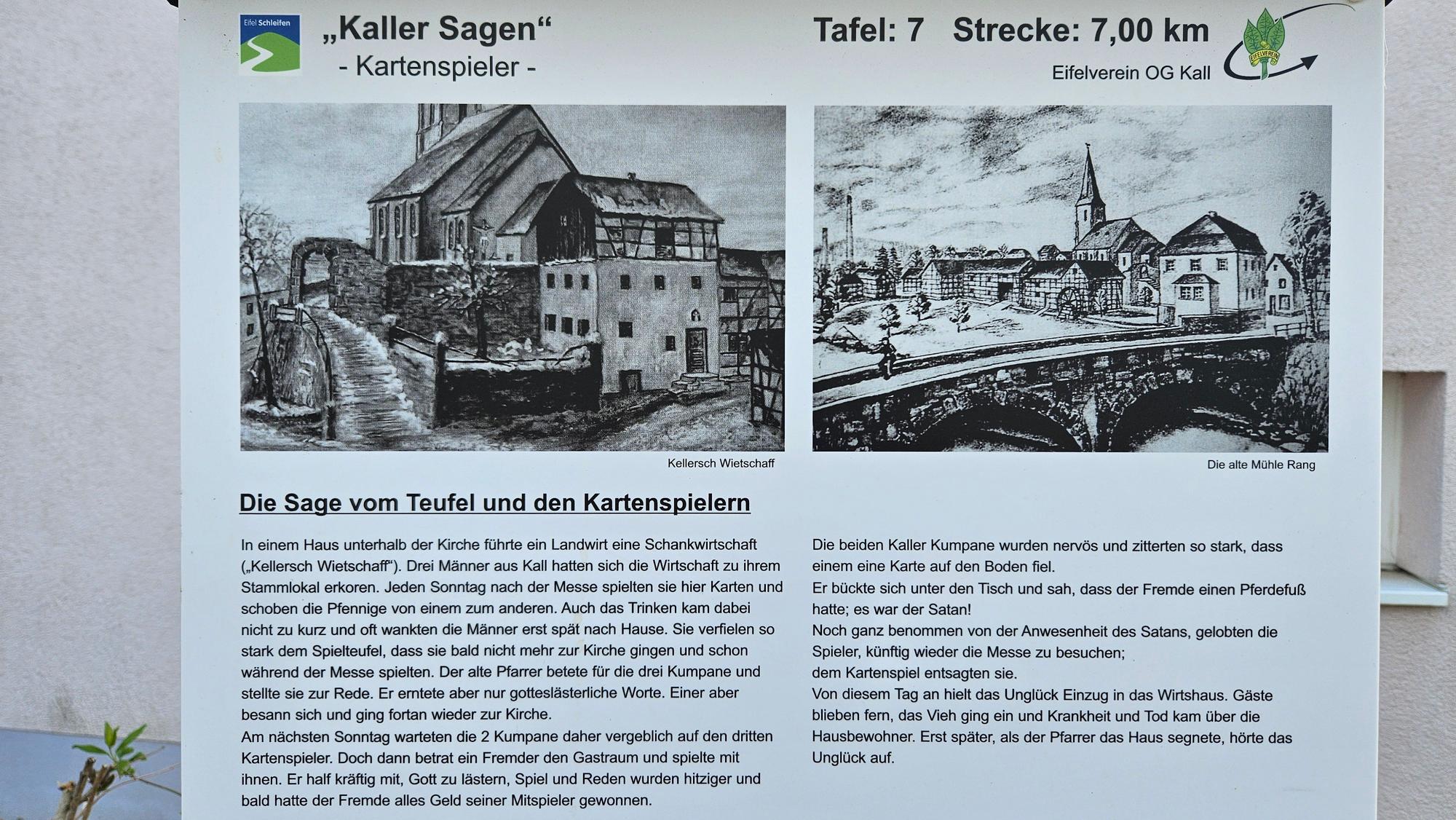 Blick auf die Tafel mit dem Text zur Sage und zwei Zeichnungen.