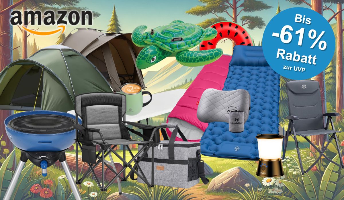 Auf dem Bild ist eine Collage zu sehen, die div. Camping Produkte zeigt, die sich aktuell im Sale befinden.