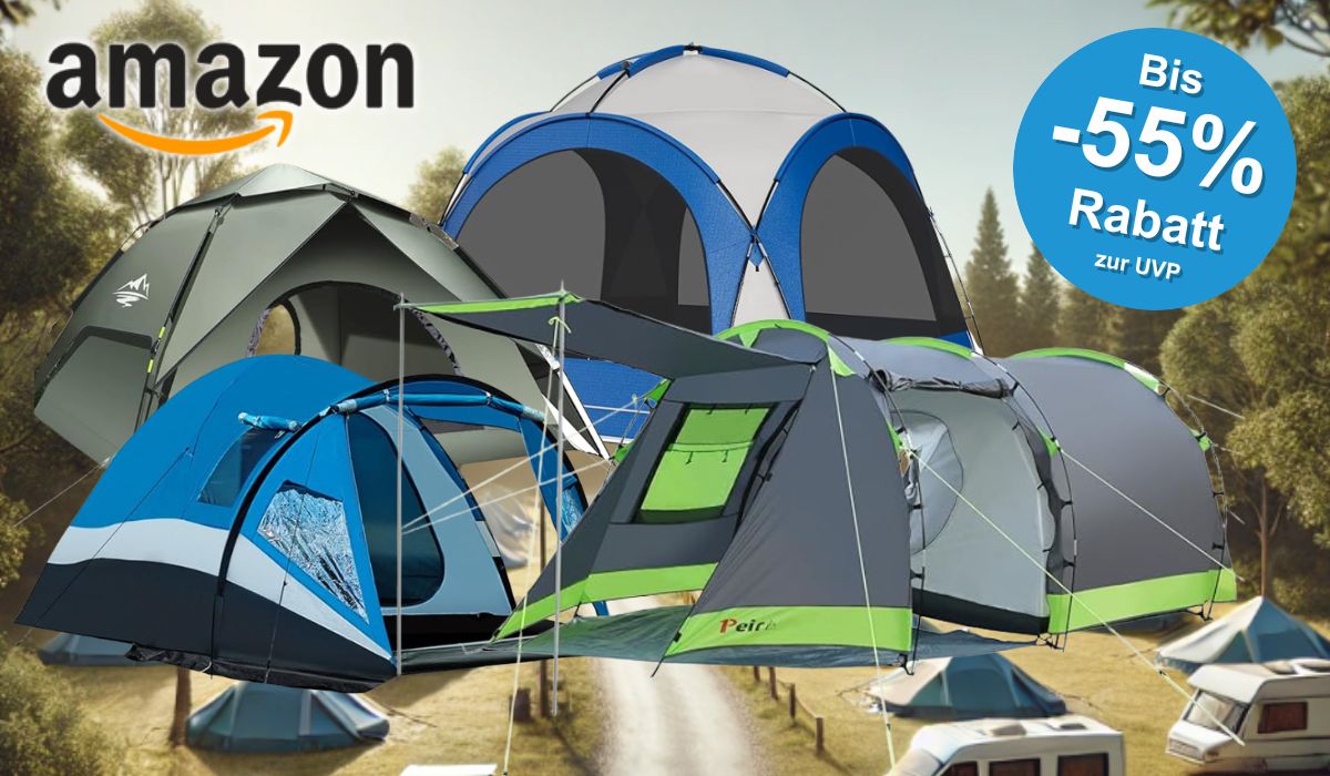 Auf dem Bild ist eine Collage aus diversen Campingzelten zu sehen, die aktuell bei Amazon reduziert sind.