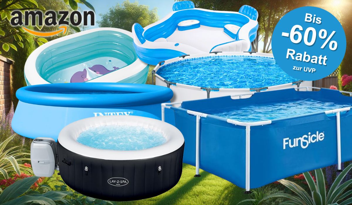 Auf dem Bild ist eine Collage aus Pools, Whirlpools und Planschbecken zu sehen, die den Sale bei Amazon ankurbeln.