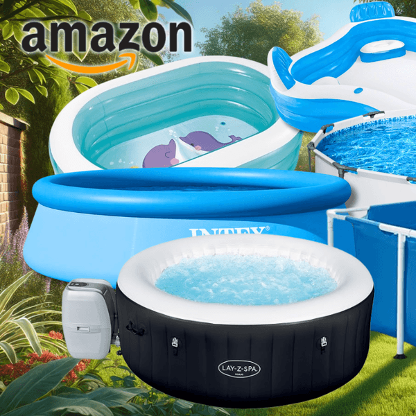 Auf dem Bild ist eine Collage aus Pools, Whirlpools und Planschbecken zu sehen, die den Sale bei Amazon ankurbeln.