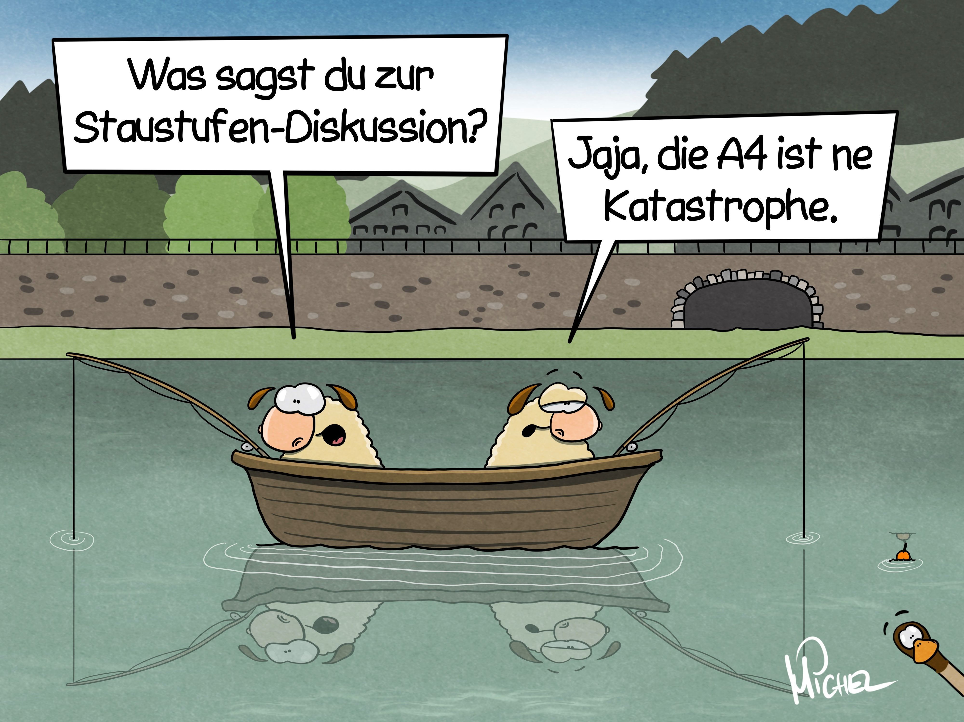 Zwei Schafe sitzen auf dem Stauweiher in Osberghausen in einem Boot und angeln. Das eine fragt: „Was sagst du zur Staustufen-Diskussion?“ Das andere antwortet: „Jaja, die A4 ist ne Ktastrophe.“