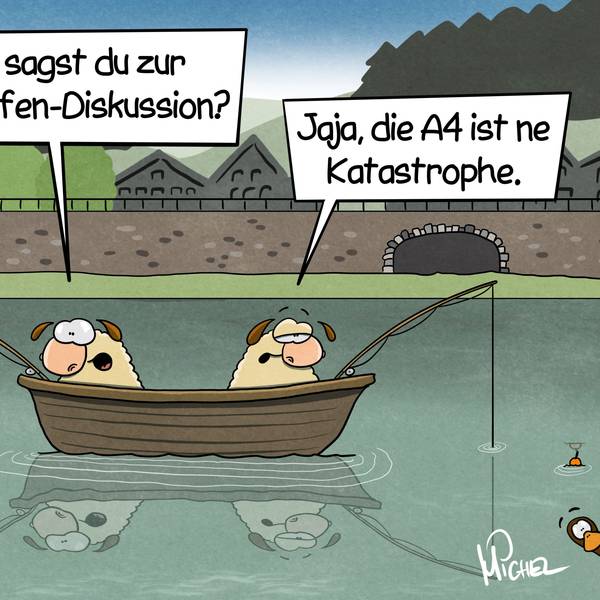 Zwei Schafe sitzen auf dem Stauweiher in Osberghausen in einem Boot und angeln. Das eine fragt: „Was sagst du zur Staustufen-Diskussion?“ Das andere antwortet: „Jaja, die A4 ist ne Ktastrophe.“