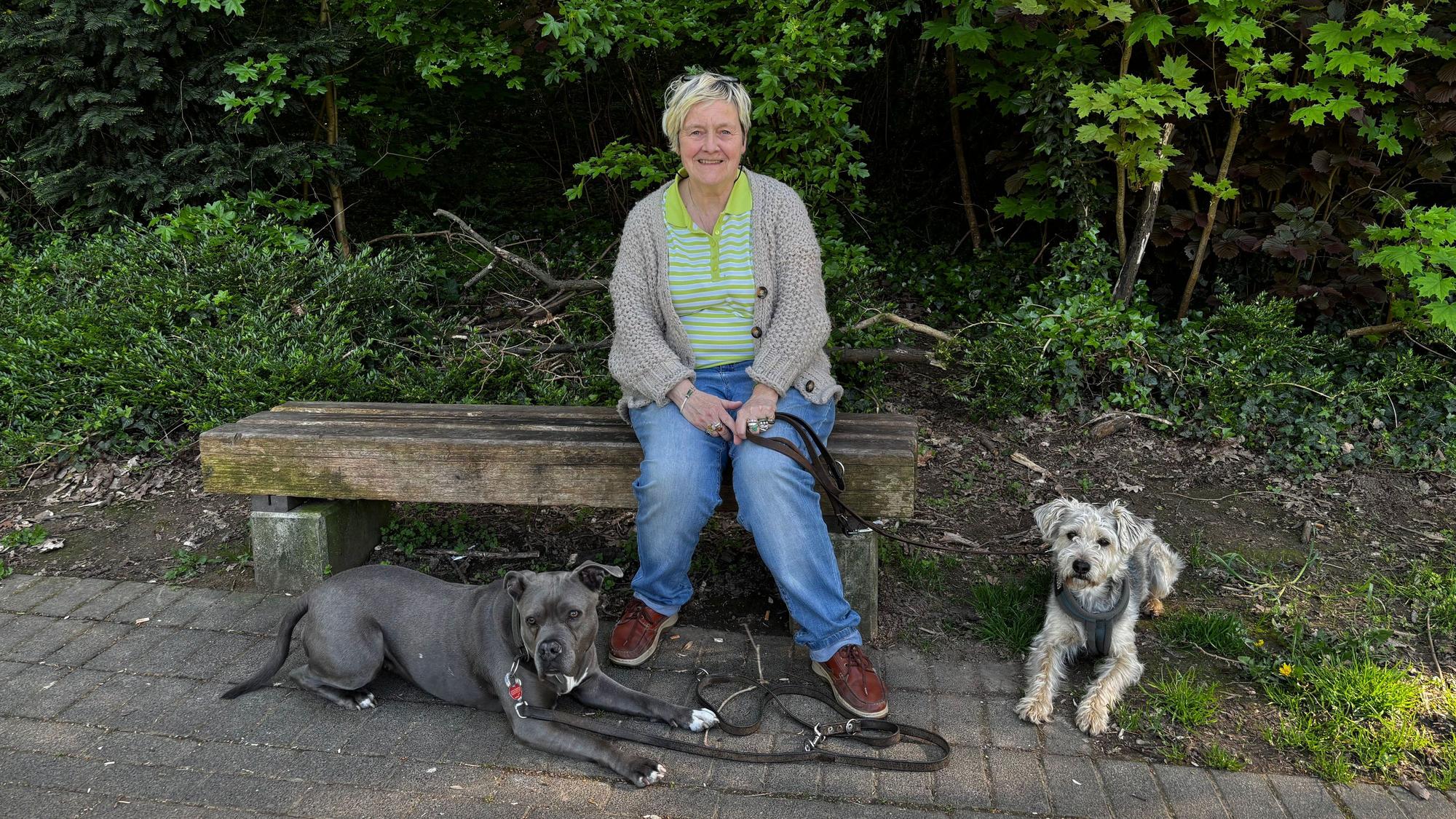Susanne Kramarz-Bein sitzt auf einer Bank. Die Hunde liegen brav neben ihr.