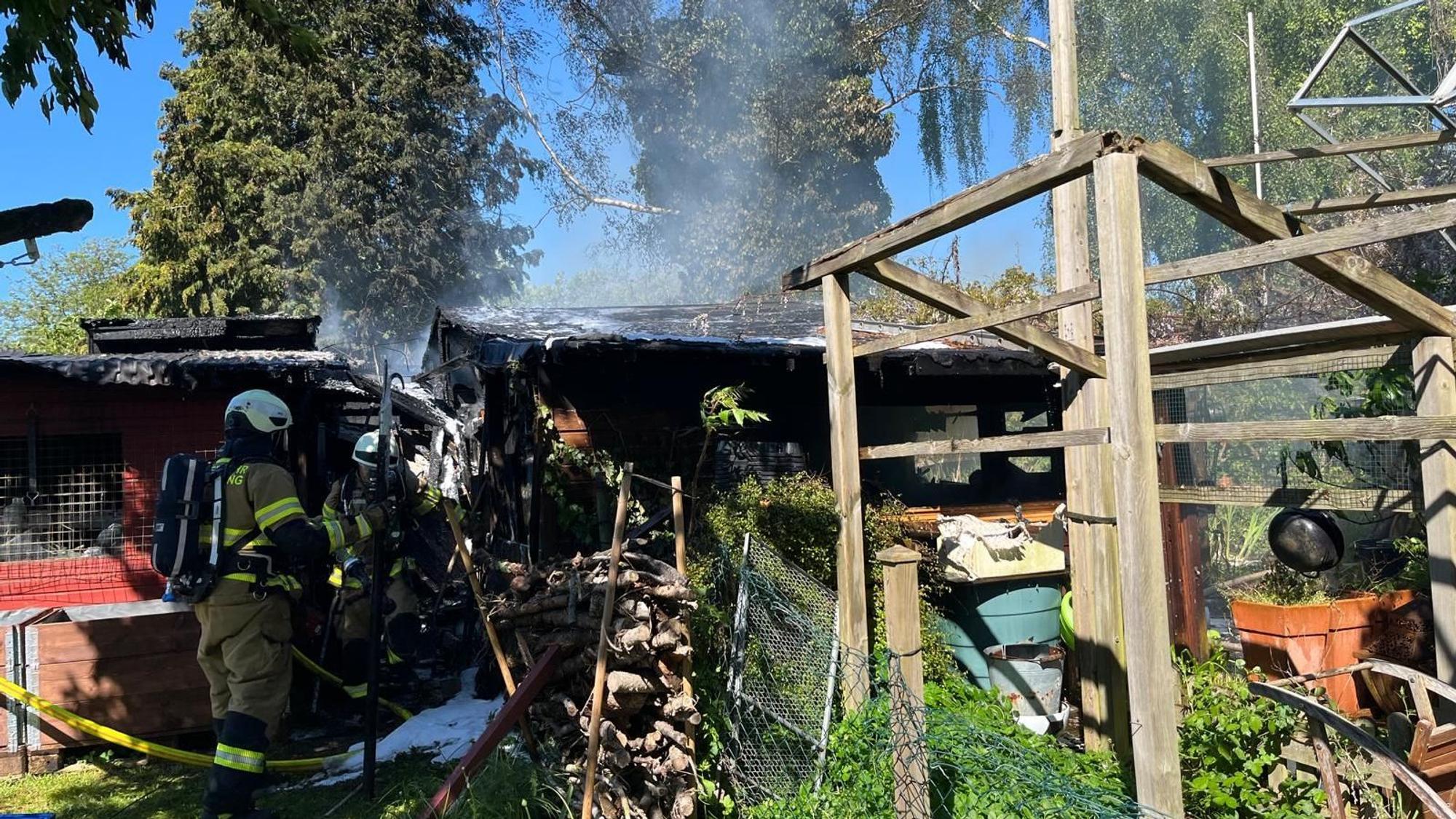 Das Bild zeigt die Feuerwehr, die ein Feuer in einer Gartenhütte löscht.