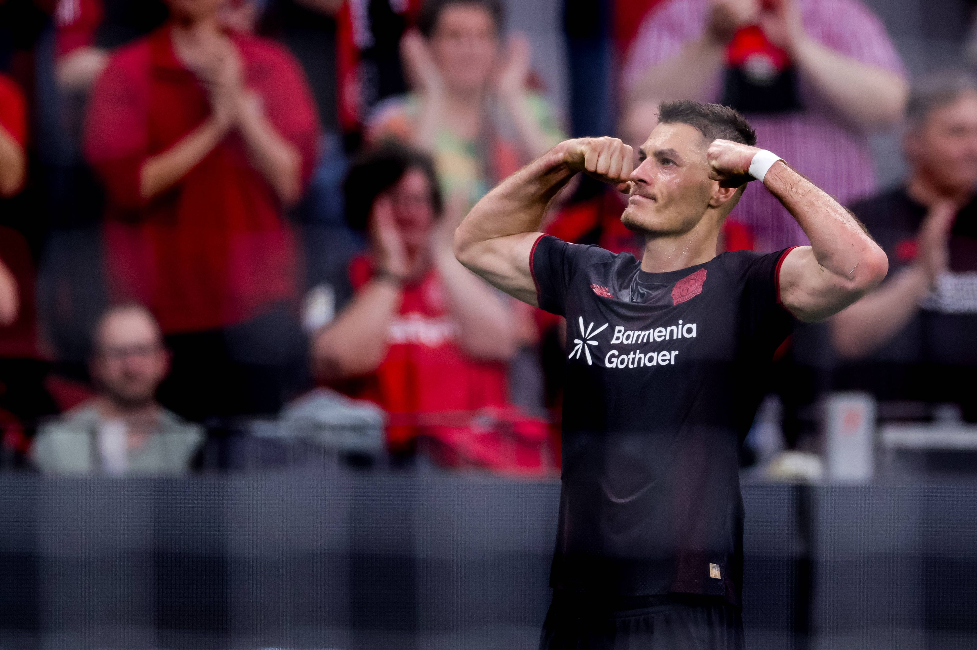 LEVERKUSEN, GERMANY - MAY 3: Patrik Schick of Bayer 04 Leverkusen celebrates after scoring his team s first goal during the Bundesliga match between Bayer 04 Leverkusen and RB Leipzig at the BayArena on May 3, 2026 in Leverkusen, Germany. PUBLICATIONxINxGERxSUIxAUTxONLY Copyright: xRenexNijhuis/MBxMediax