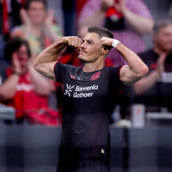 LEVERKUSEN, GERMANY - MAY 3: Patrik Schick of Bayer 04 Leverkusen celebrates after scoring his team s first goal during the Bundesliga match between Bayer 04 Leverkusen and RB Leipzig at the BayArena on May 3, 2026 in Leverkusen, Germany. PUBLICATIONxINxGERxSUIxAUTxONLY Copyright: xRenexNijhuis/MBxMediax