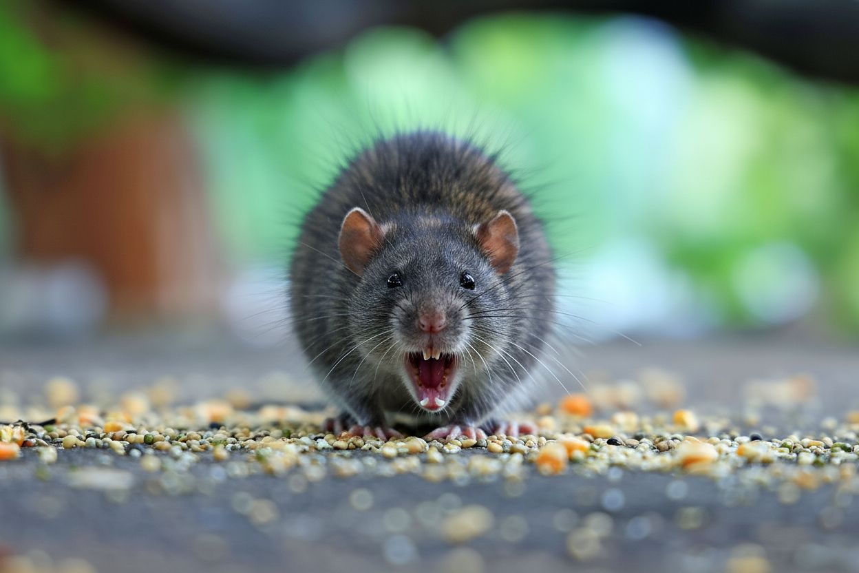Eine Ratte hockt auf einem Feldweg, nachdem sie von einem Rübenroder bei der Zuckerrübenernte überrascht wurde.