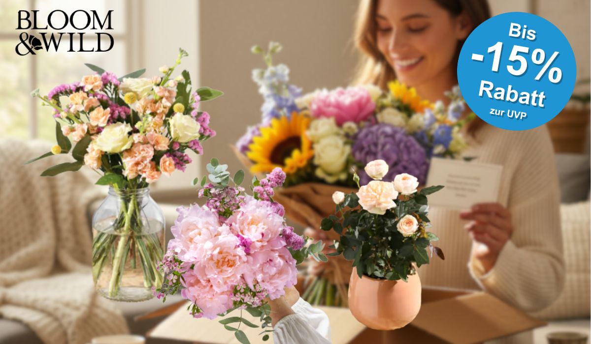 Auf dem Bild ist ein KI generiertes Bild zu sehen, welches eine Frau zeigt, die auf eine Karte guckt und einen Blumenstrauß aus einem Karton holt. Da drauf sind Produkte von Bloom & Wild abgebildet.
