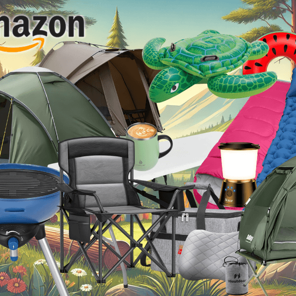 Auf dem Bild ist eine Collage aus diversen Camping Produkten zu sehen, die sich aktuell im Amazon Sale befinden.