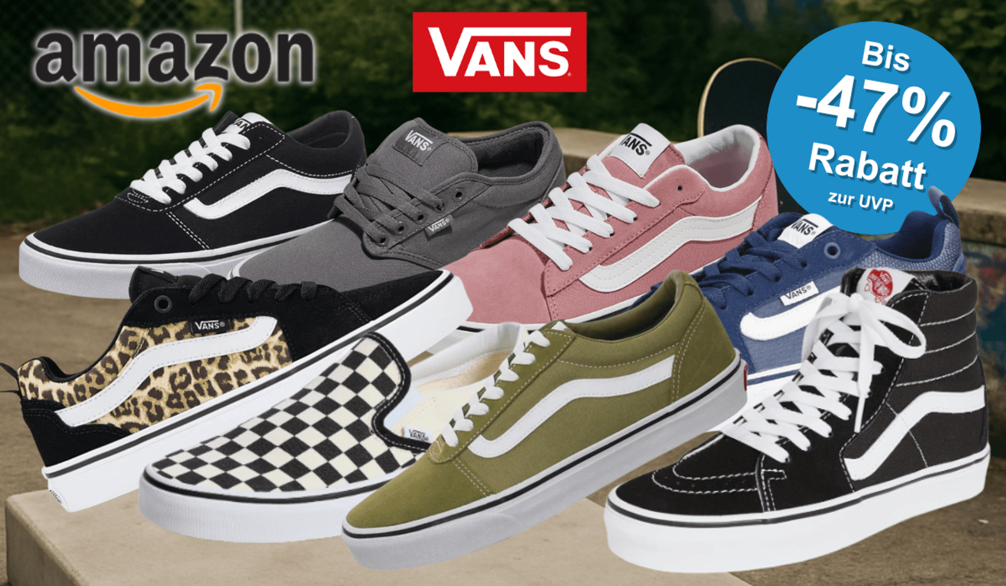 Auf der Collage befinden sich diverse Vans Schuhe, die gerade im Sale bei Amazon sind.