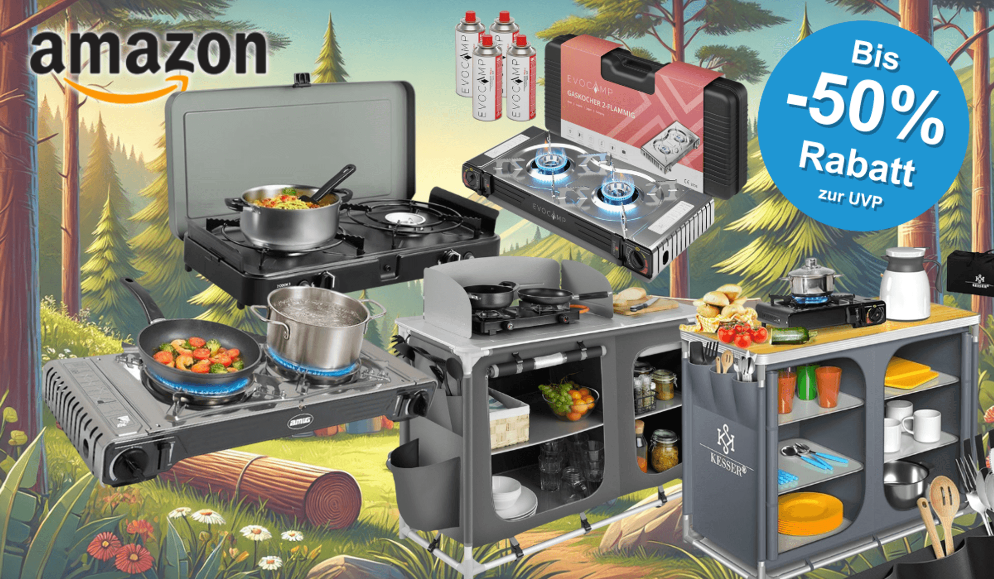Auf dem Bild sind div. Campingküchen zu sehen, die aktuell im Amazon Sale erhältlich sind.