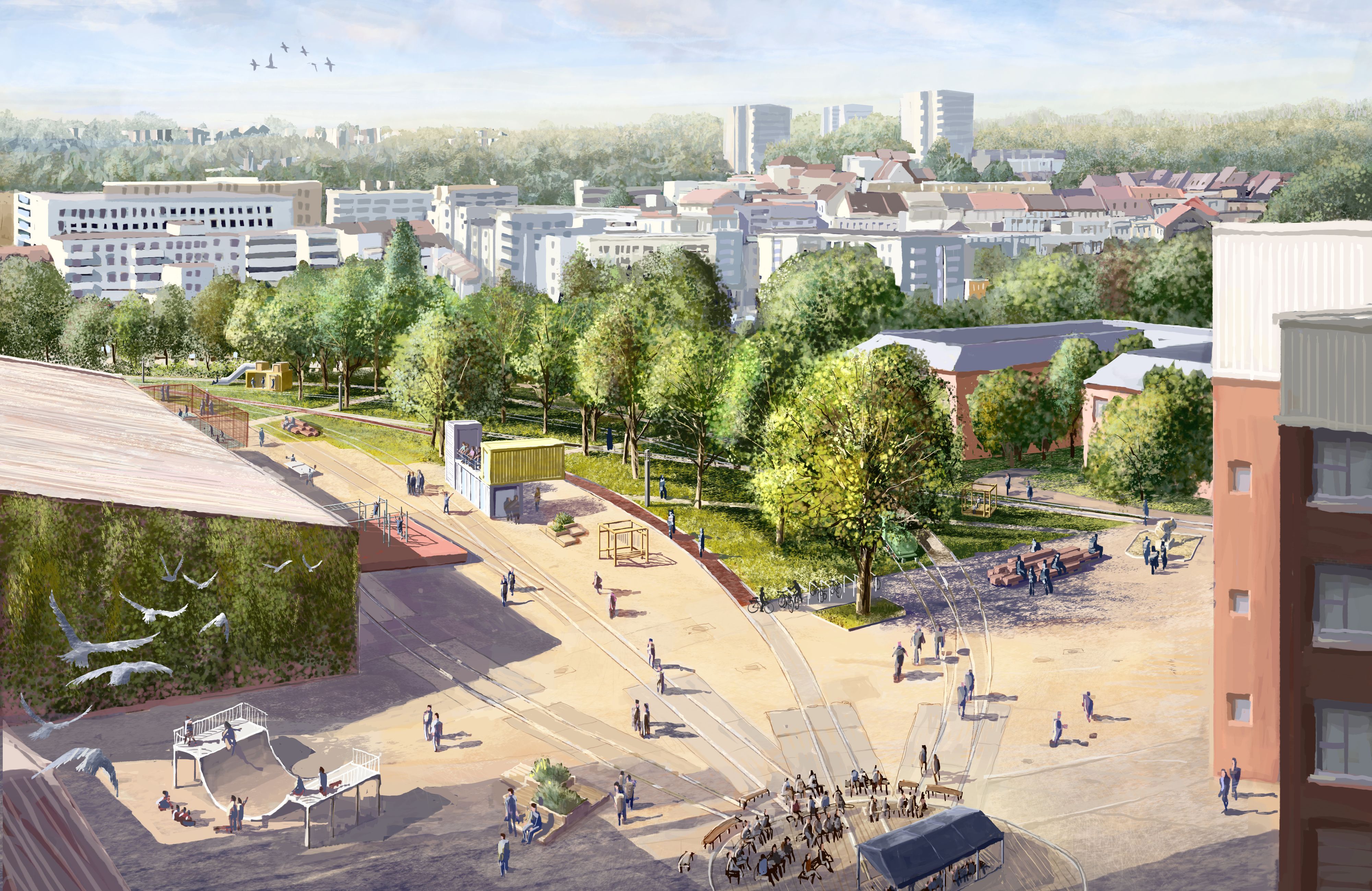 Eine Visualisierung zeigt ein begrüntes Zanders-Areal mit Halfpipe und Spielplatz.