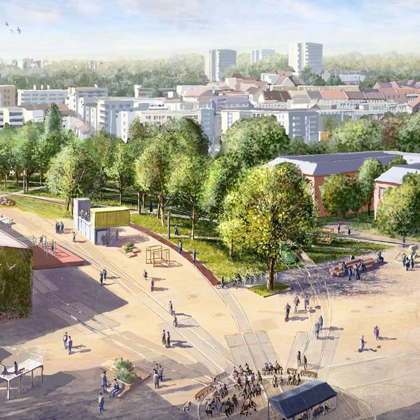 Eine Visualisierung zeigt ein begrüntes Zanders-Areal mit Halfpipe und Spielplatz.