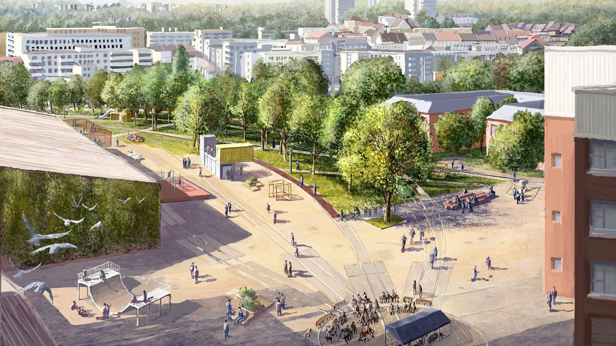 Eine Visualisierung zeigt ein begrüntes Zanders-Areal mit Halfpipe und Spielplatz.