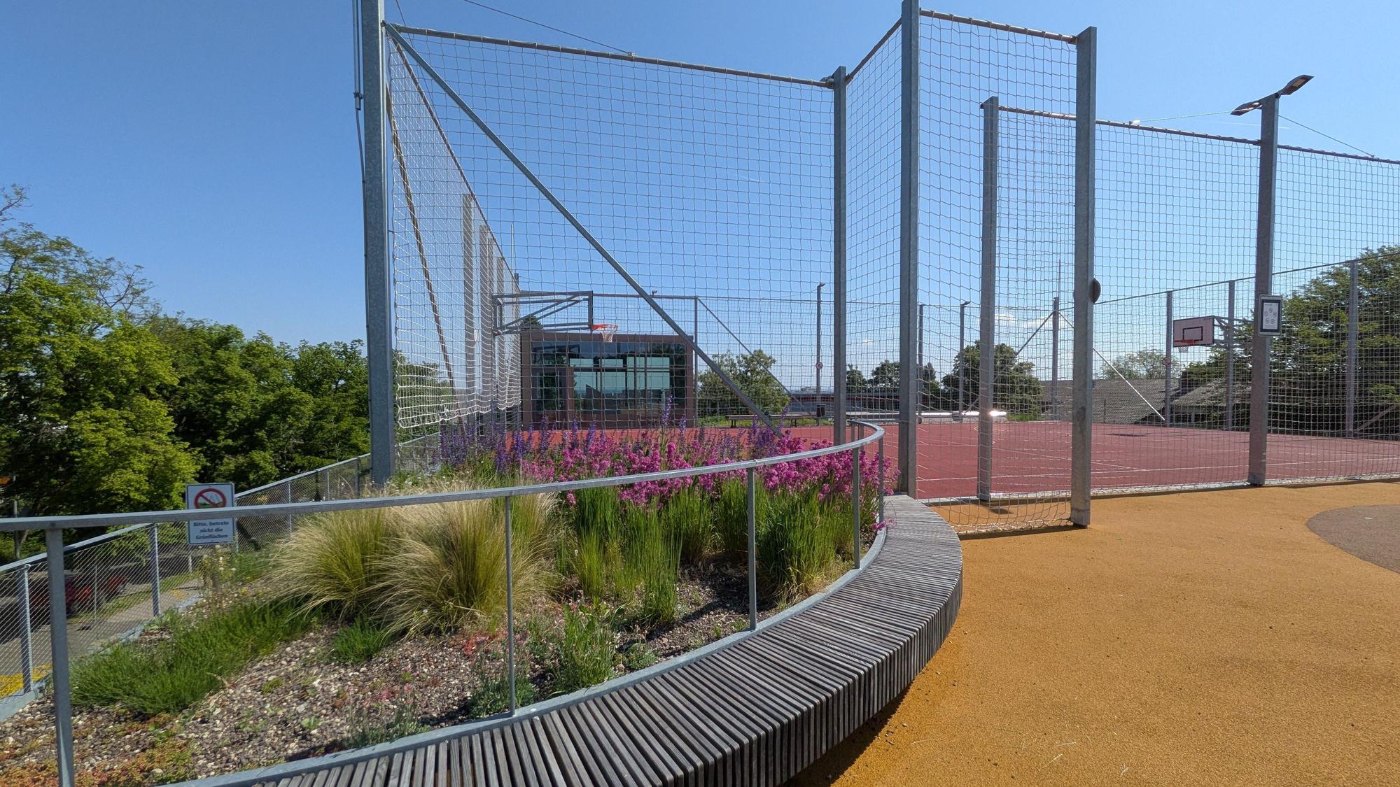 Das Dach und die Holzkonstuktion der modernen KSH – die alte Turnhalle (unten) wird nun abgerissen.
