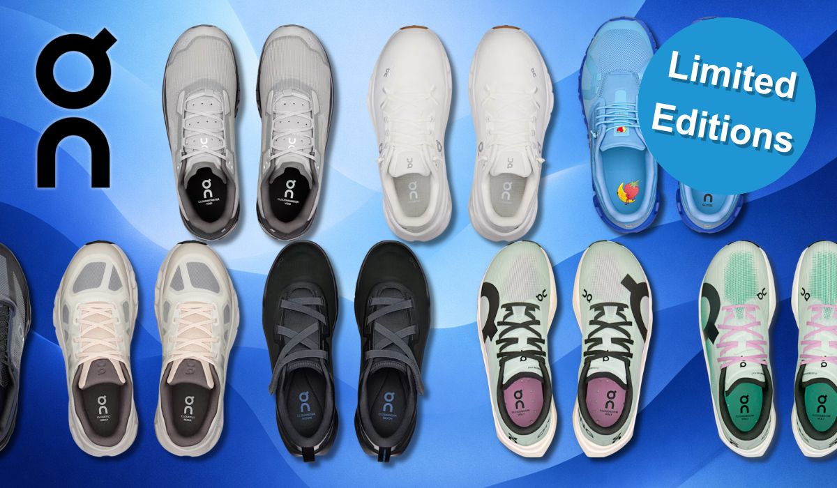 Verschiedene On Sneaker vor einem blauen Hintergrund.