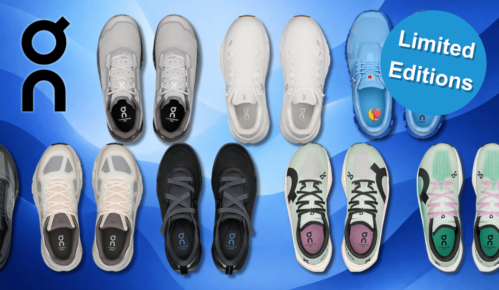 Verschiedene On Sneaker vor einem blauen Hintergrund.