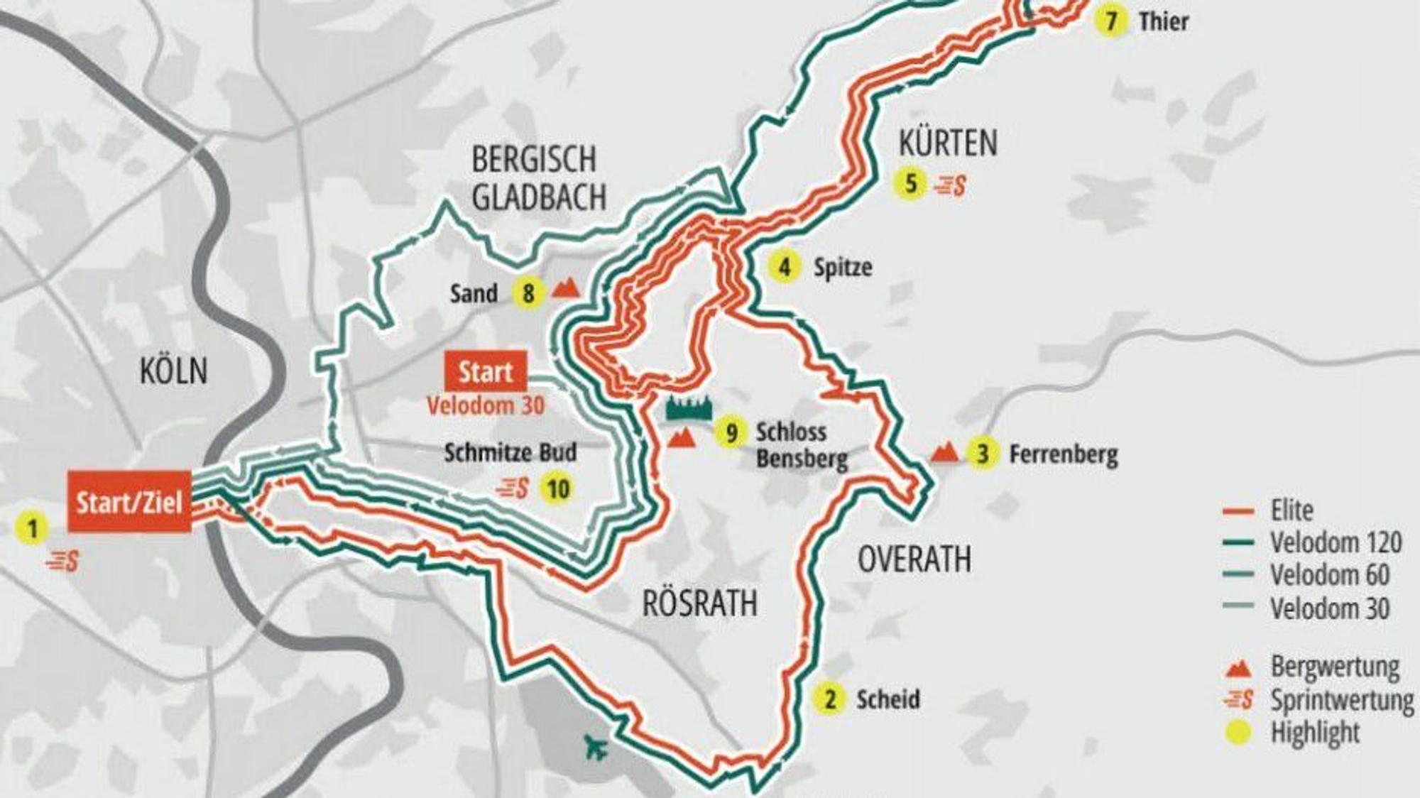 Zu sehen ist eine Grafik mit einem Streckenverlauf für ein Radrennen.