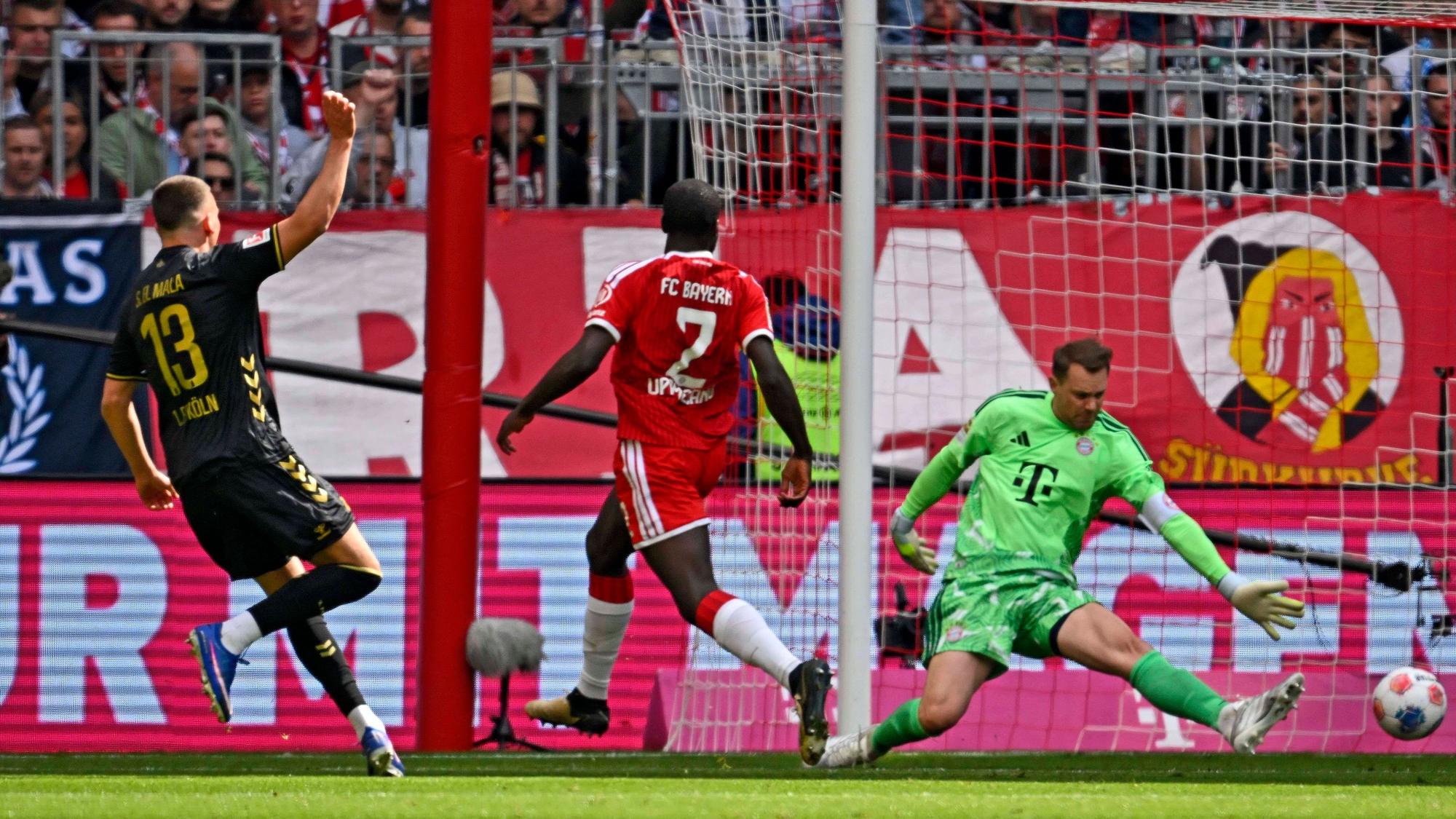 16.05.2026, Fussball Bundesliga 2025/2026, 34.Spieltag, FC Bayern München - 1.FC Köln, in der Allianz-Arena München, Said El Mala 1.FC Köln trifft zum 2:1 gegen Dayot Upamecano FC Bayern München und Torwart Manuel Neuer FC Bayern München ***DFL and DFB regulations prohibit any use of photographs as image sequences and/or quasi-video.*** *** 16 05 2026, Soccer Bundesliga 2025 2026, Matchday 34, FC Bayern Munich 1 FC Cologne, in the Allianz Arena Munich, Said El Mala 1 FC Cologne scores to 2 1 against Dayot Upamecano FC Bayern Munich and goalkeeper Manuel Neuer FC Bayern Munich DFL and DFB regulations prohibit any use of photographs as image sequences and or quasi video