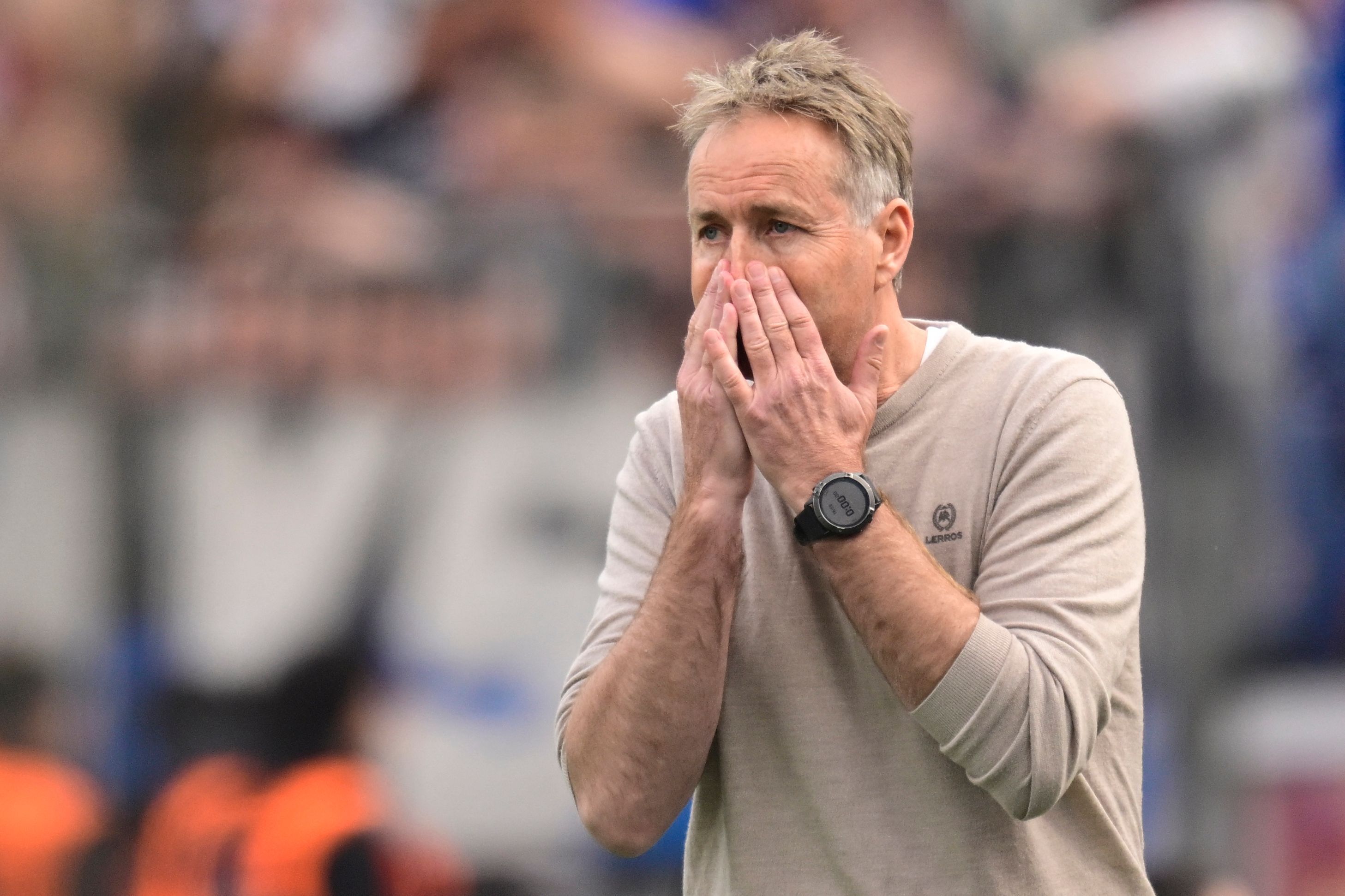 Bayer Leverkusen's Danish head coach Kasper Hjulmand reacts during the German first division Bundesliga football match between Bayer Leverkusen and Hamburger SV (HSV) in Leverkusen, western Germany, on May 16, 2026. (Photo by INA FASSBENDER / AFP) / DFL REGULATIONS PROHIBIT ANY USE OF PHOTOGRAPHS AS IMAGE SEQUENCES AND/OR QUASI-VIDEO