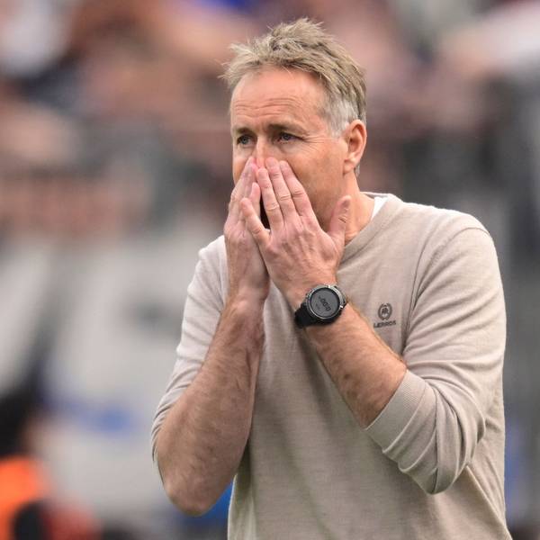 Bayer Leverkusen's Danish head coach Kasper Hjulmand reacts during the German first division Bundesliga football match between Bayer Leverkusen and Hamburger SV (HSV) in Leverkusen, western Germany, on May 16, 2026. (Photo by INA FASSBENDER / AFP) / DFL REGULATIONS PROHIBIT ANY USE OF PHOTOGRAPHS AS IMAGE SEQUENCES AND/OR QUASI-VIDEO