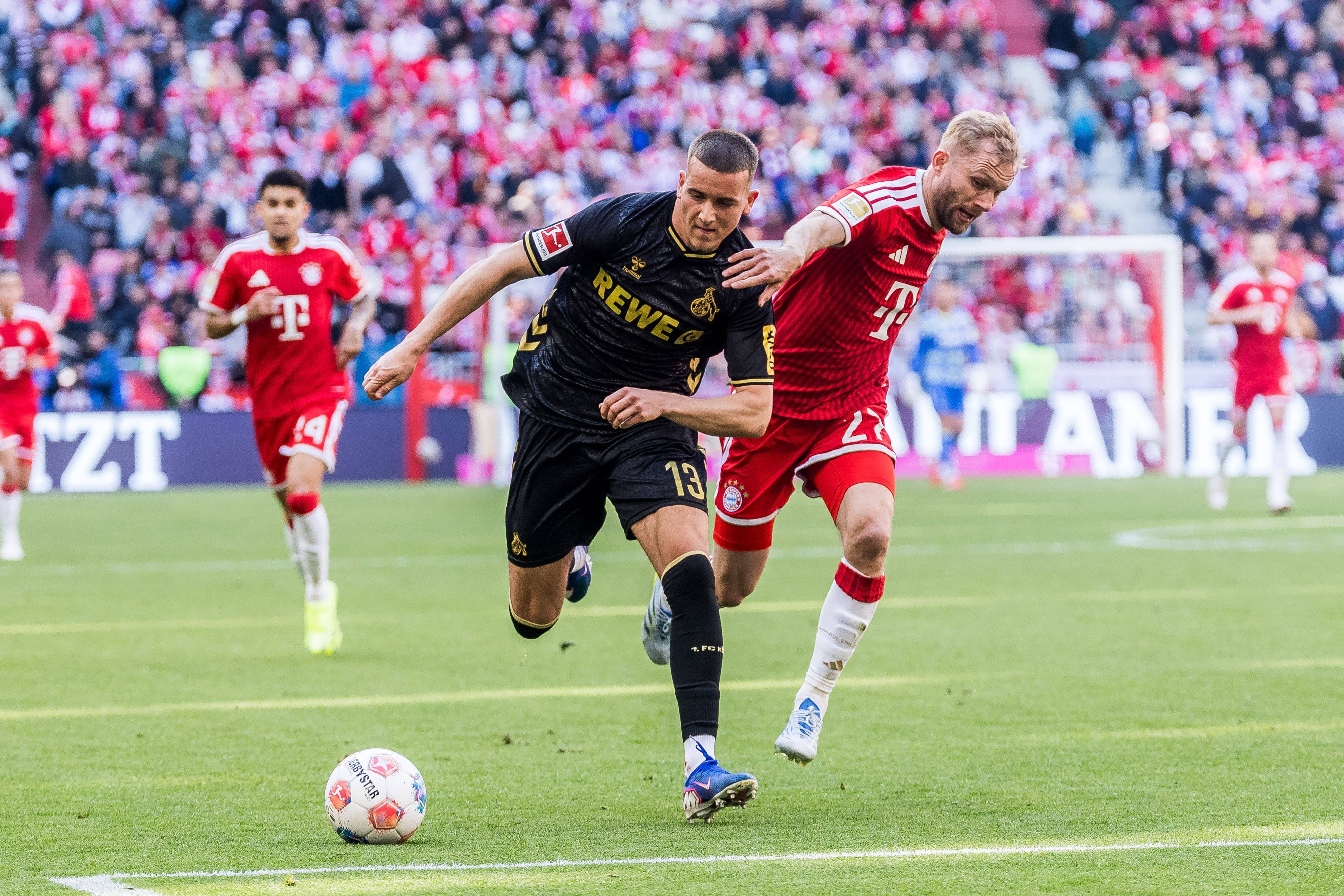 MUNICH, GERMANY - MAY 16: Said El Mala 1. FC Koeln, 13 controls the ball against Konrad Laimer FC Bayern Muenchen, 27 during the Bundesliga match between FC Bayern Muenchen vs. 1. FC Koeln at Allianz Arena on matchday 34 of the 1. Bundesliga on May 16, 2026 in Munich, Germany. DFL REGULATIONS PROHIBIT ANY USE OF PHOTOGRAPHS AS IMAGE SEQUENCES AND/OR QUASI-VIDEO. Bavaria Germany Copyright: xSteffiexWunderlx