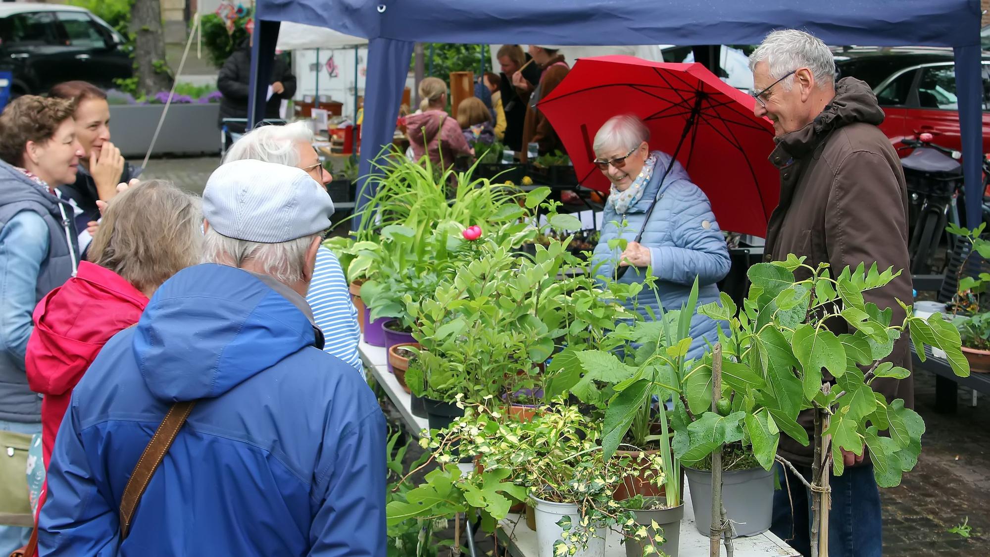 Das Foto zeigt Menschen auf einem Pflanzenmarkt.