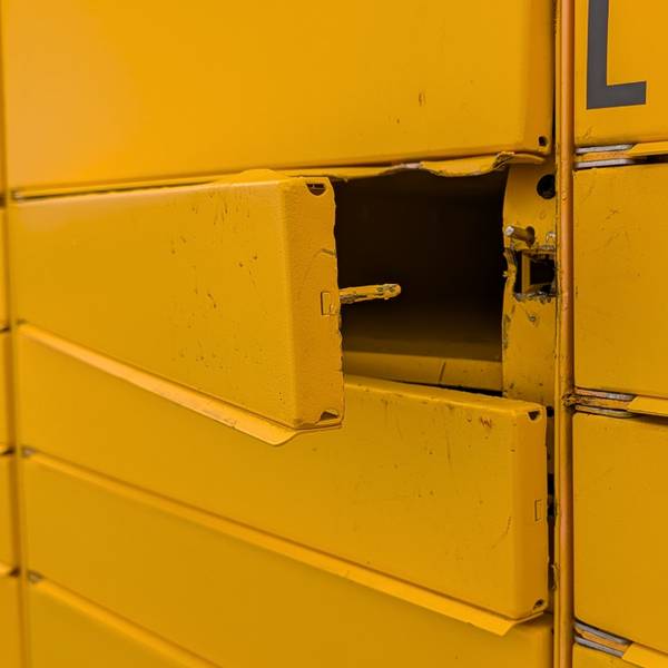 Das Foto zeigt ein aufgehebeltes Fach der Packstation in Fischenich.