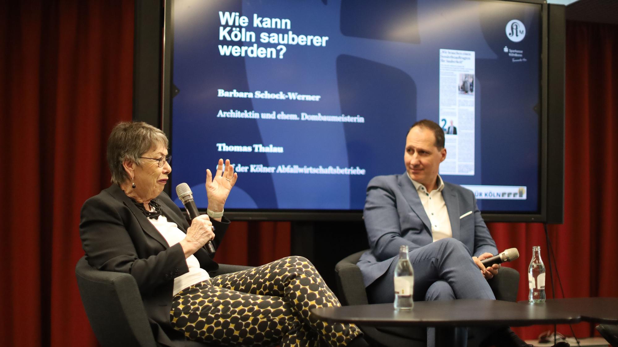 Die ehemalige Kölner Dombaumeisterin Barbara Schock-Werner und AWB-Chef Thomas Thalau zu Gast beim ersten Live-Talk „100 Ideen für Köln“ des „Kölner Stadt-Anzeiger“.