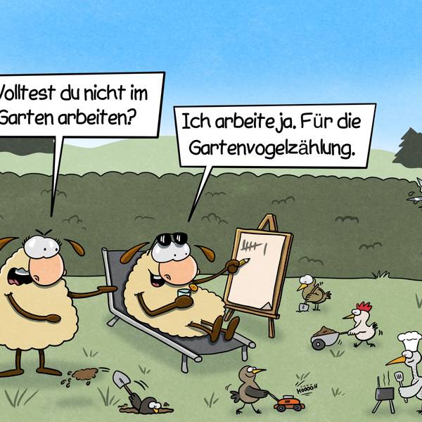 Zwei Schafe im Garten. Um sie herum arbeiten viele Vögel im Garten. Ein Schaf liegt auf einer Liege und führt Strichliste. Das andere fragt: „Wolltest du nicht im Garten arbeite?“ Das liegende Schaf antwortet: „Ich arbeite ja. Für die Gartenvogelzählung.“