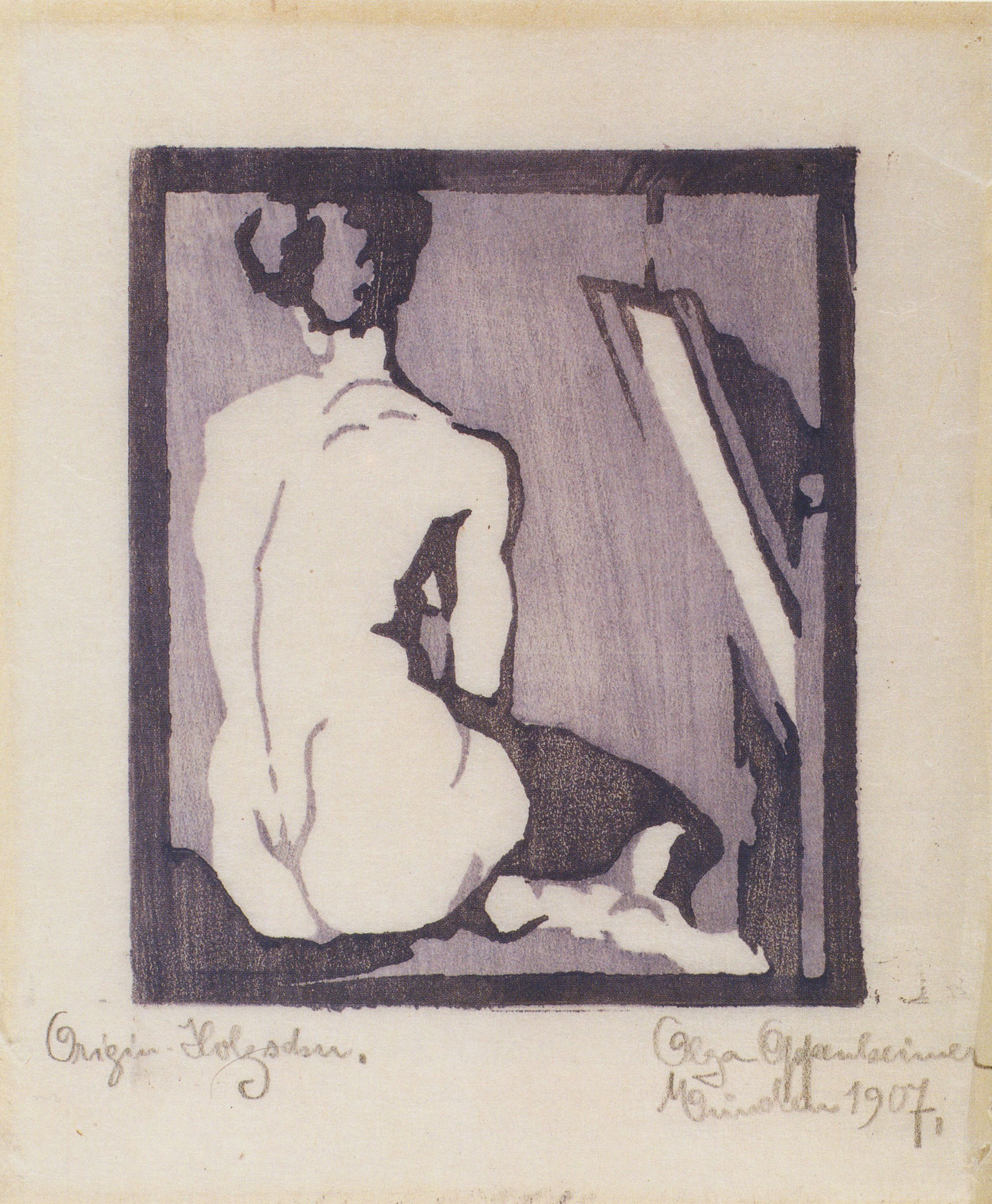 Olga Oppenheimer, Akt in Rückenansicht, Holzschnitt, 1907.
