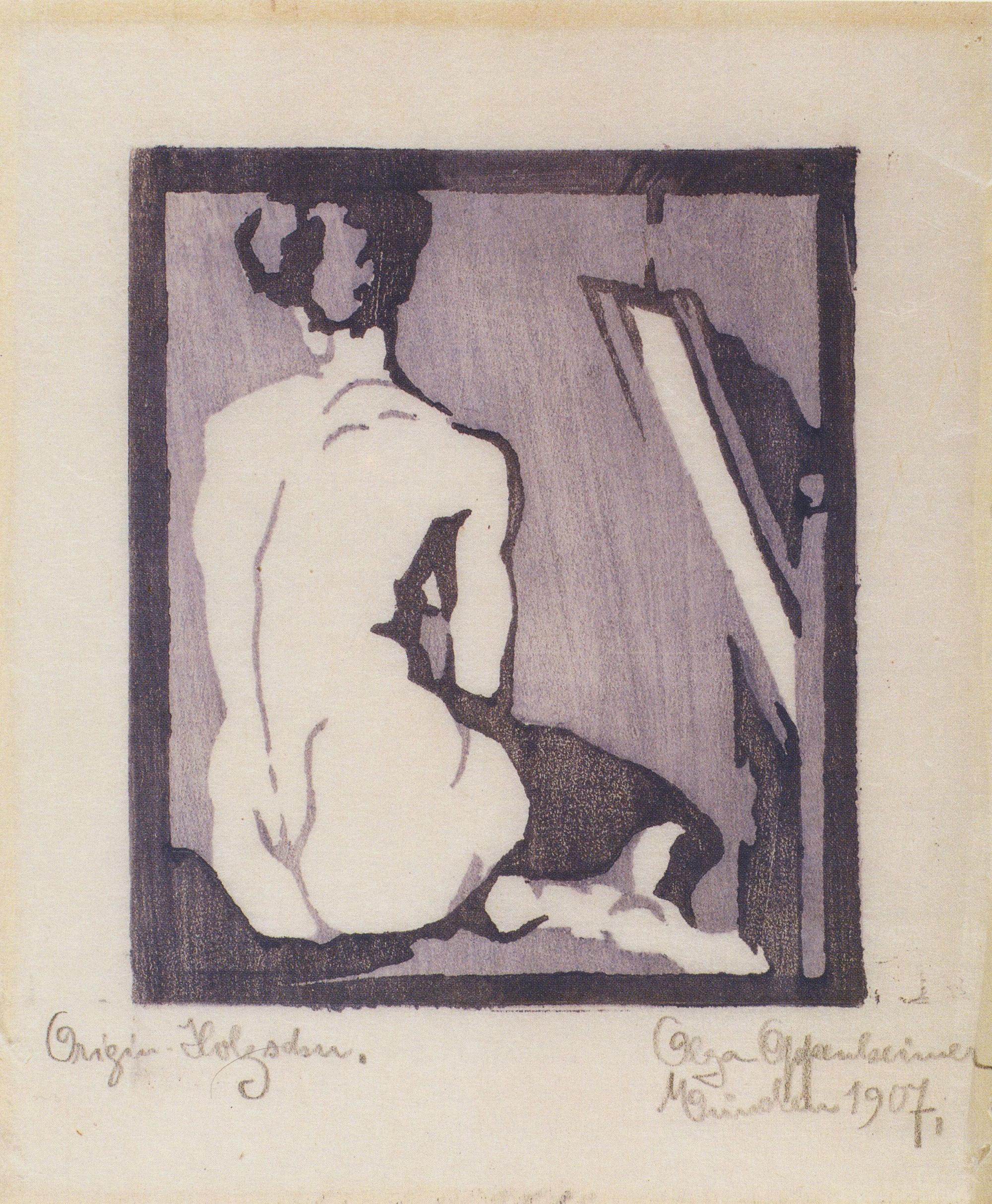 Olga Oppenheimer, Akt in Rückenansicht, Holzschnitt, 1907.