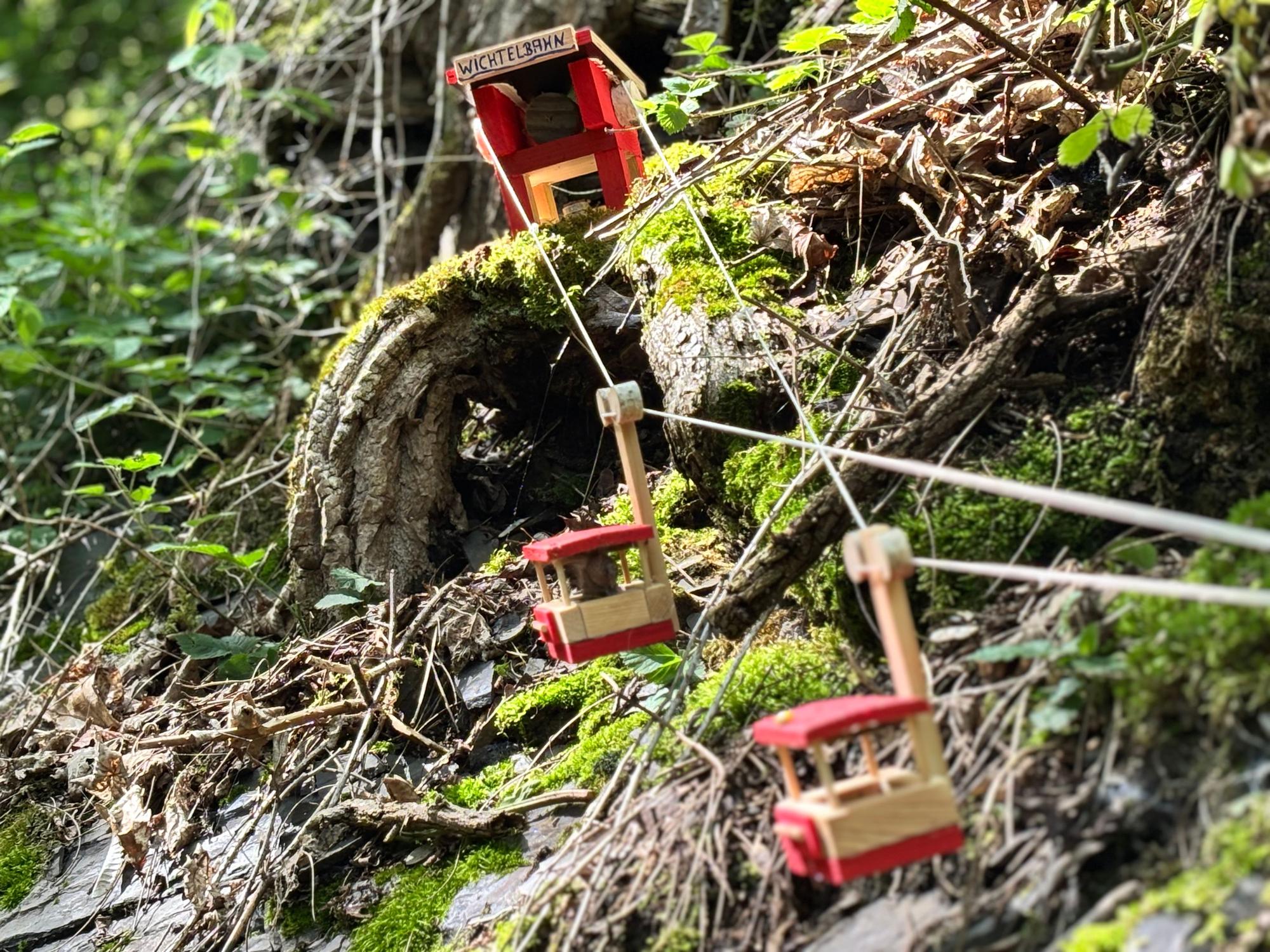Nahaufnahme einer gebastelten Miniaturseilbahn, die über einem Waldboden verläuft.