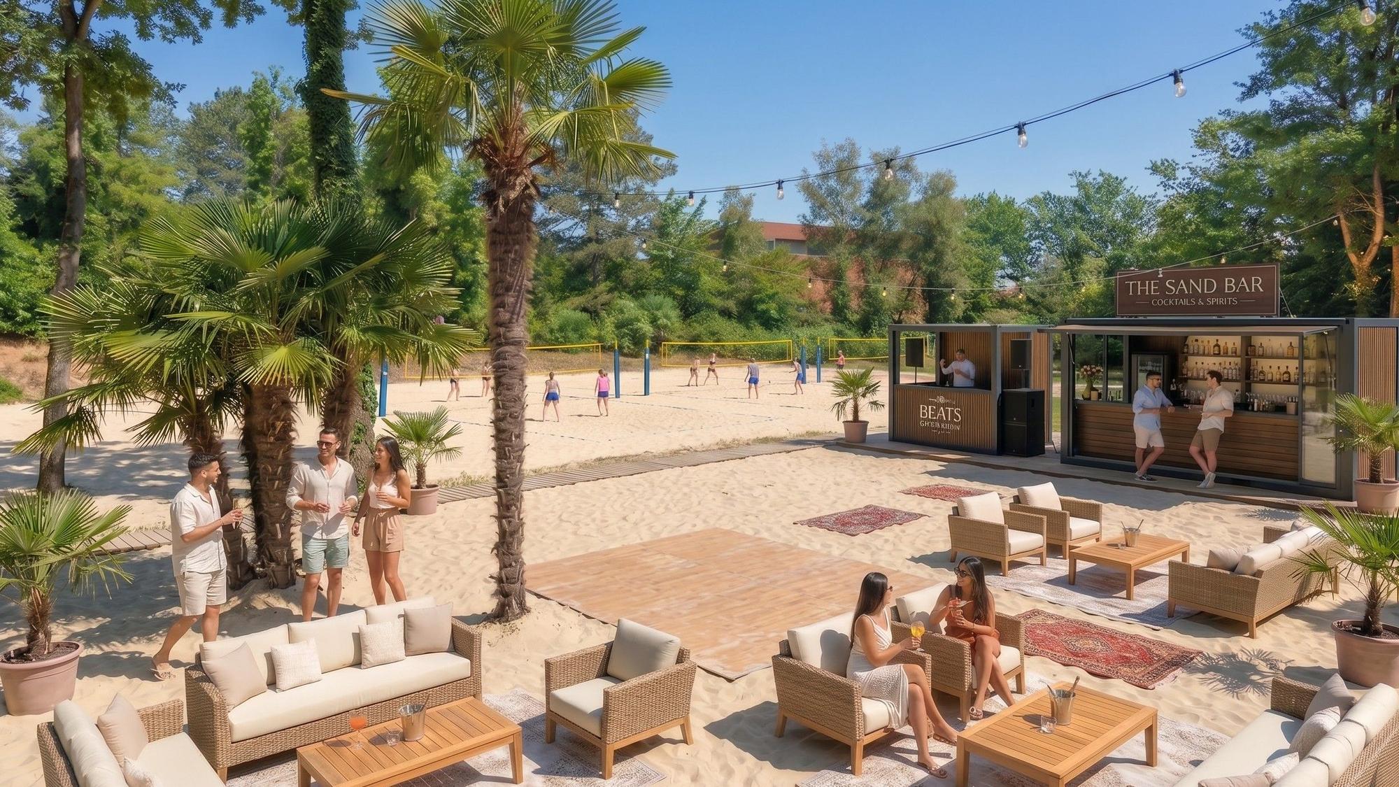Die KI zeigt, wie die Beachvolleyballfelder und der Beachlub auf einem Teil des Max-Becker-Areals, der die neue Location The Max wird, aussehen kann. Dies soll nur eine grobe Vorstellung vermitteln. Es wird nicht 1:1 so umgesetzt.
